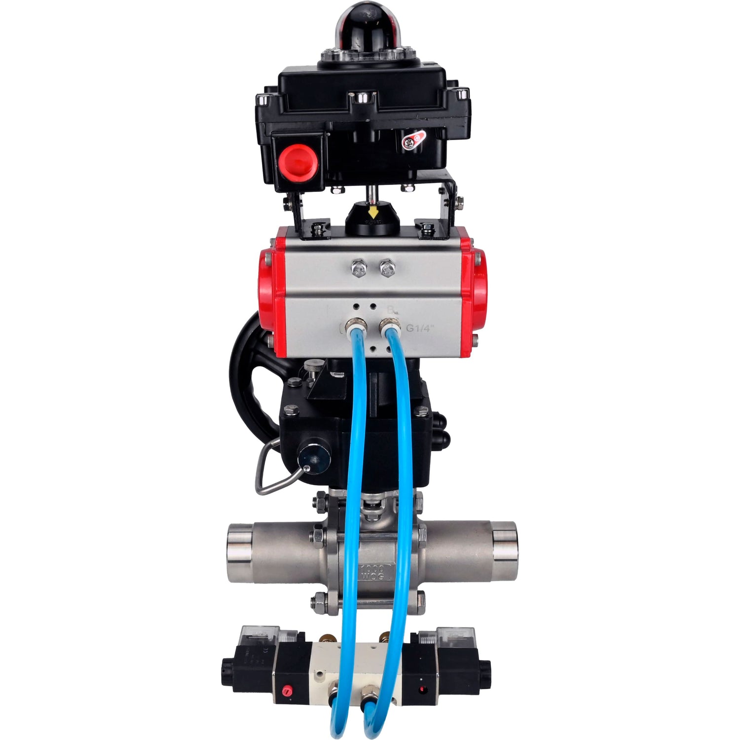 Ball valves Elephant BV3232P(3pc)-FP-W-ISO-H LONG,  body material - Stainless steel AISI 316, seal - PTFE / PTFE / Teflon, with pneumatic actuator double action PA-DA, 4V320-08 220V, LSU APL-410N Ex, handwheel MON