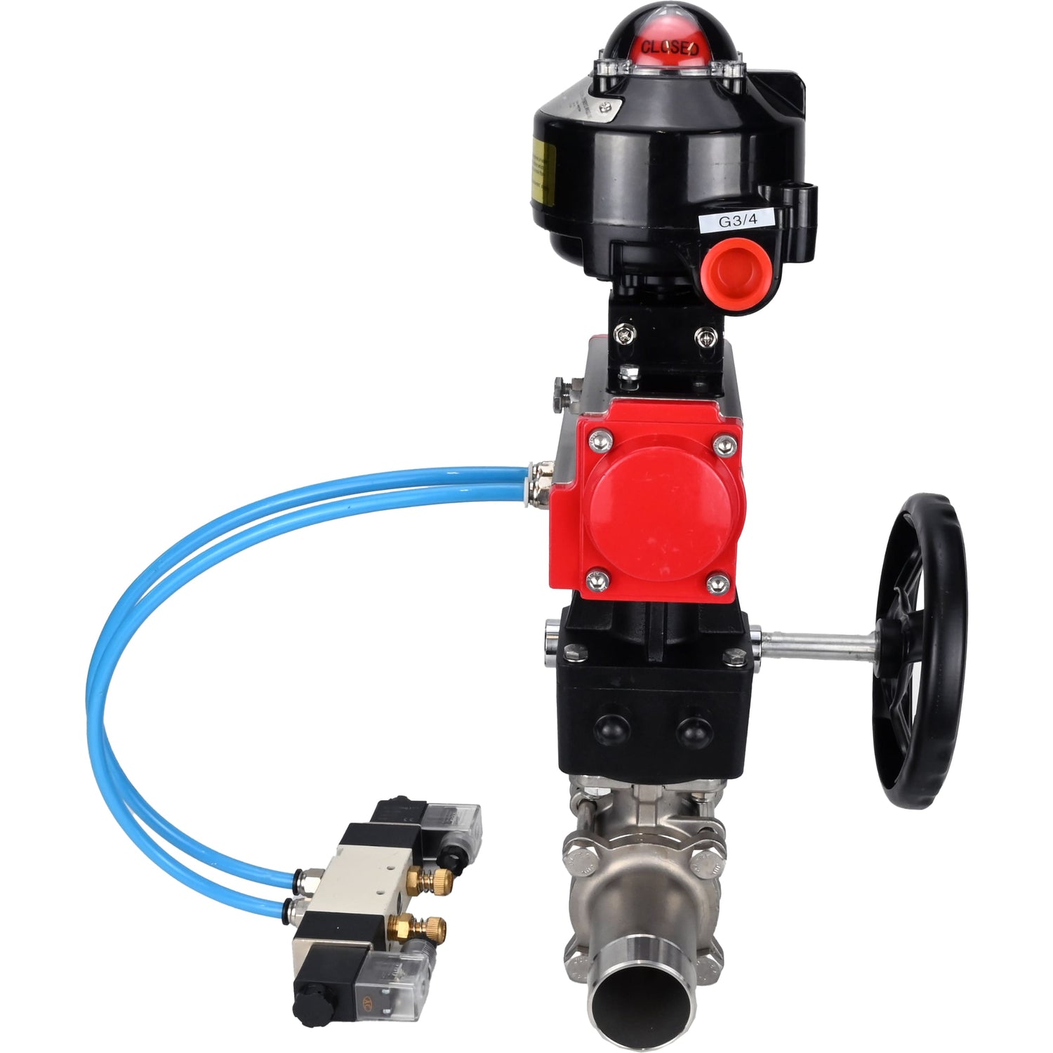 Ball valves Elephant BV3232P(3pc)-FP-W-ISO-H LONG,  body material - Stainless steel AISI 316, seal - PTFE / PTFE / Teflon, with pneumatic actuator double action PA-DA, 4V320-08 220V, LSU APL-510N Ex, handwheel MON