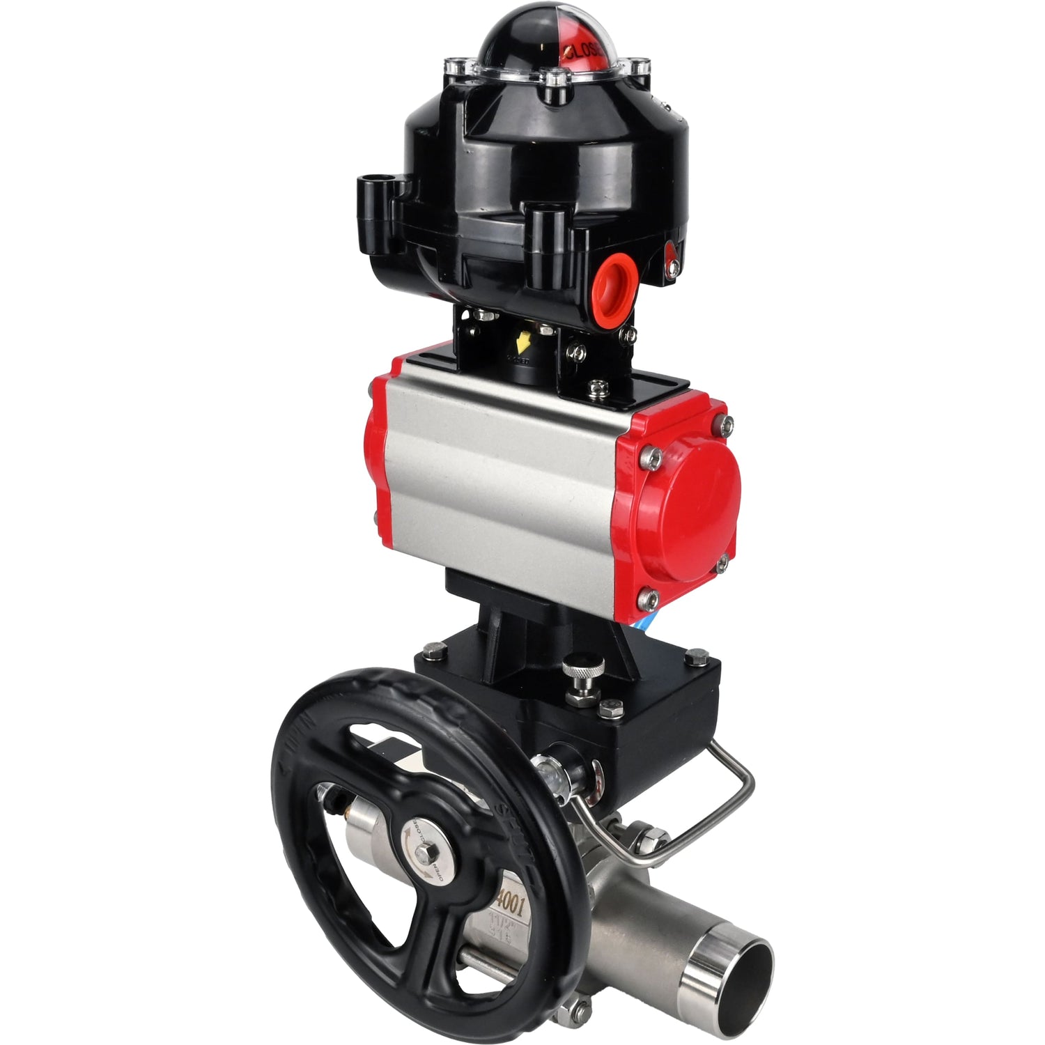 Ball valves Elephant BV3232P(3pc)-FP-W-ISO-H LONG,  body material - Stainless steel AISI 316, seal - PTFE / PTFE / Teflon, with pneumatic actuator double action PA-DA, 4V320-08 220V, LSU APL-510N Ex, handwheel MON
