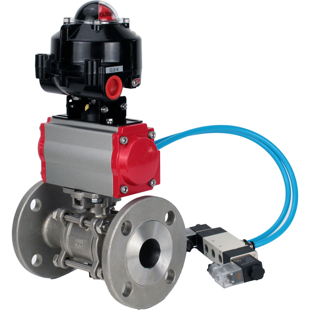 Ball valves Elephant BV3131P(3pc)-FP-F-ISO-H flanged, full bore, three-piece, body - stainless steel SS304, seal - PTFE, with pneumatic actuator Elephant PA-SA 065-160 pneumatic distributor 4V320- 08 joining DN8 LSU APL-510N