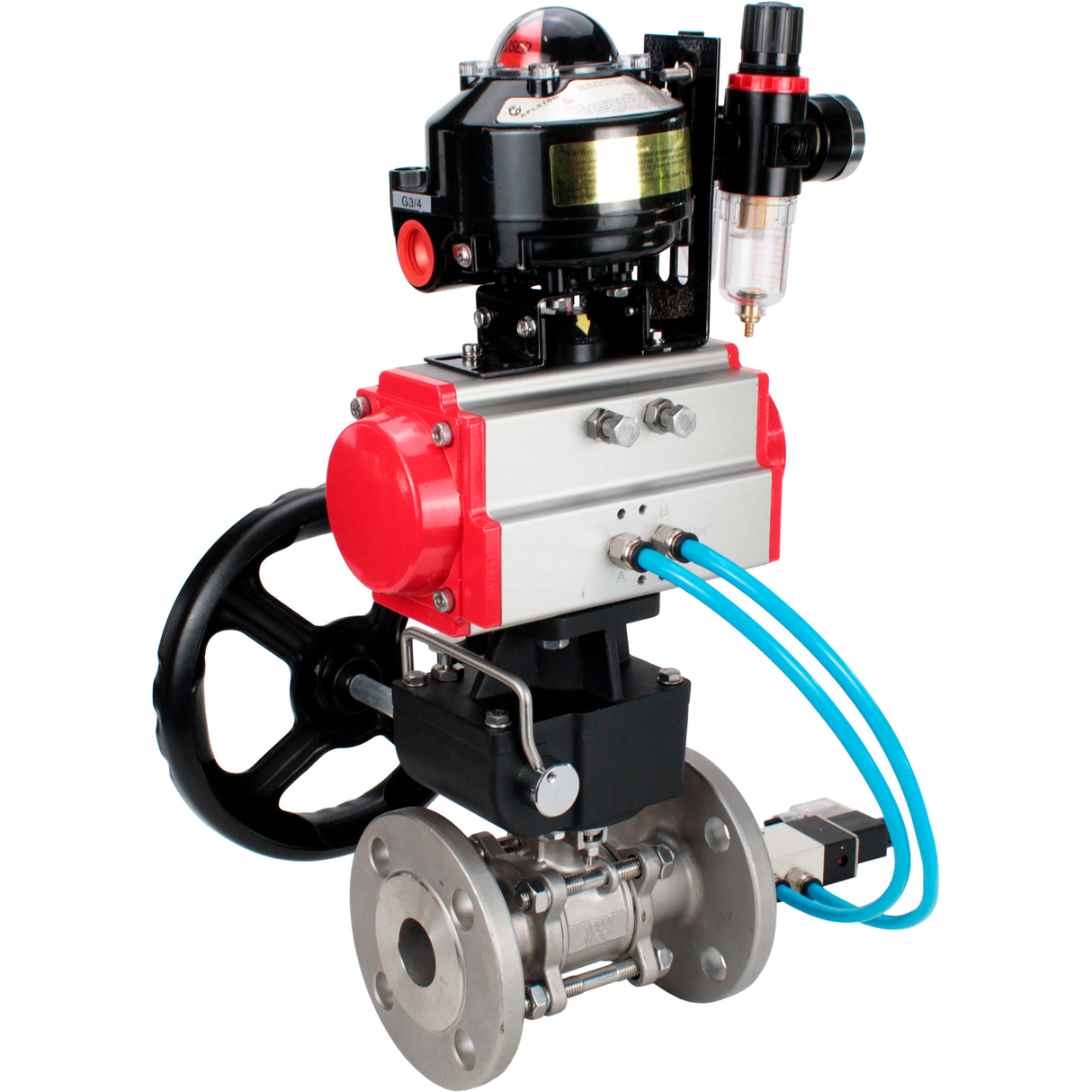 Ball valves Elephant BV3131P(3pc)-FP-F-ISO-H flanged, full bore, three-piece, body - stainless steel SS304, seal - PTFE, with pneumatic drive PA-DA-052-130 pneumatic distributor 4V320 -08 MON gearbox ATU AFC2000 LSU APL-510N-EX