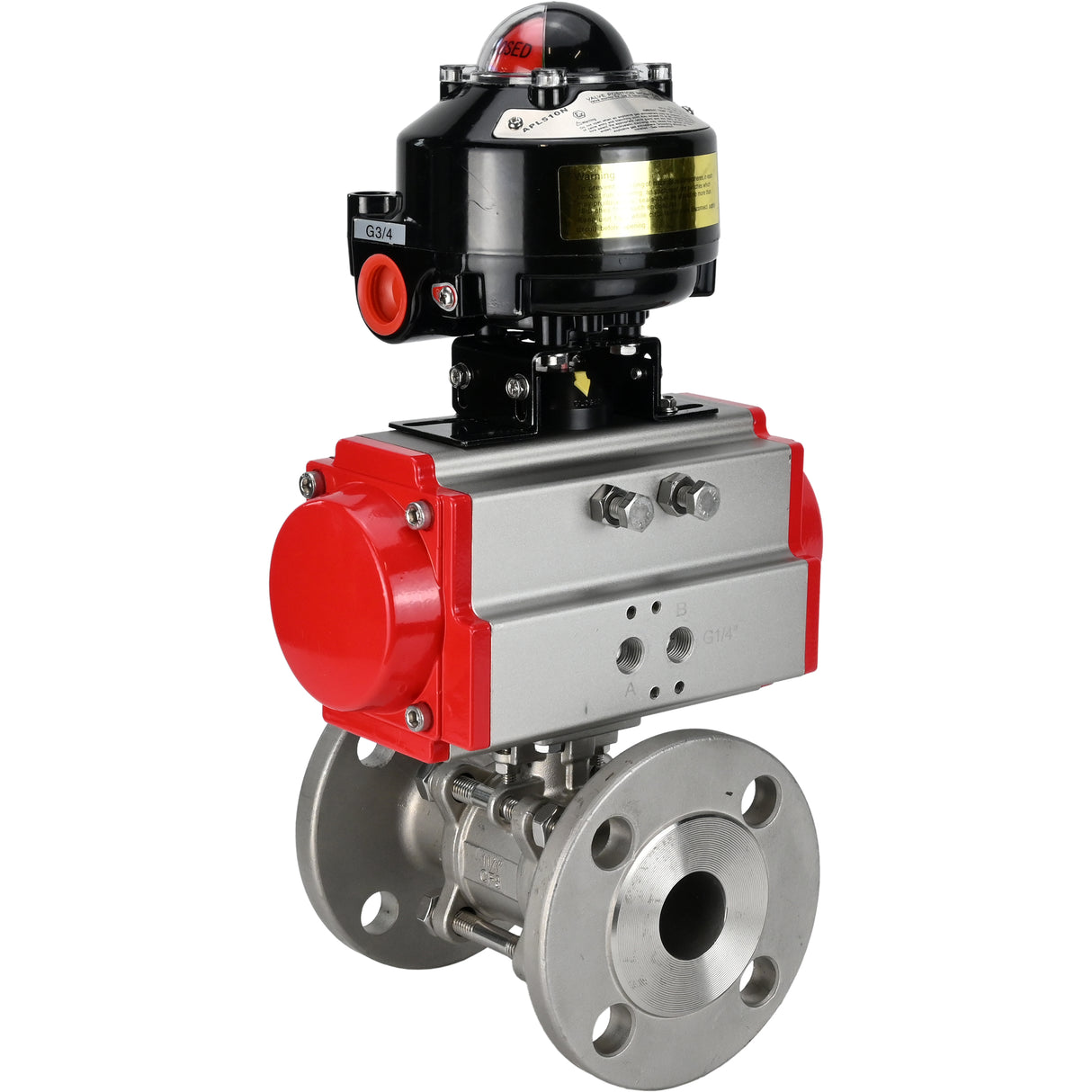 Vannes à boisseau sphérique Elephant BV3131P(3pc)-FP-F-ISO-H à brides, passage intégral, trois pièces, corps - acier inoxydable SS304, joint - PTFE, avec actionneur pneumatique Elephant PA-DA 052-130 et BKV APL -510N-EX