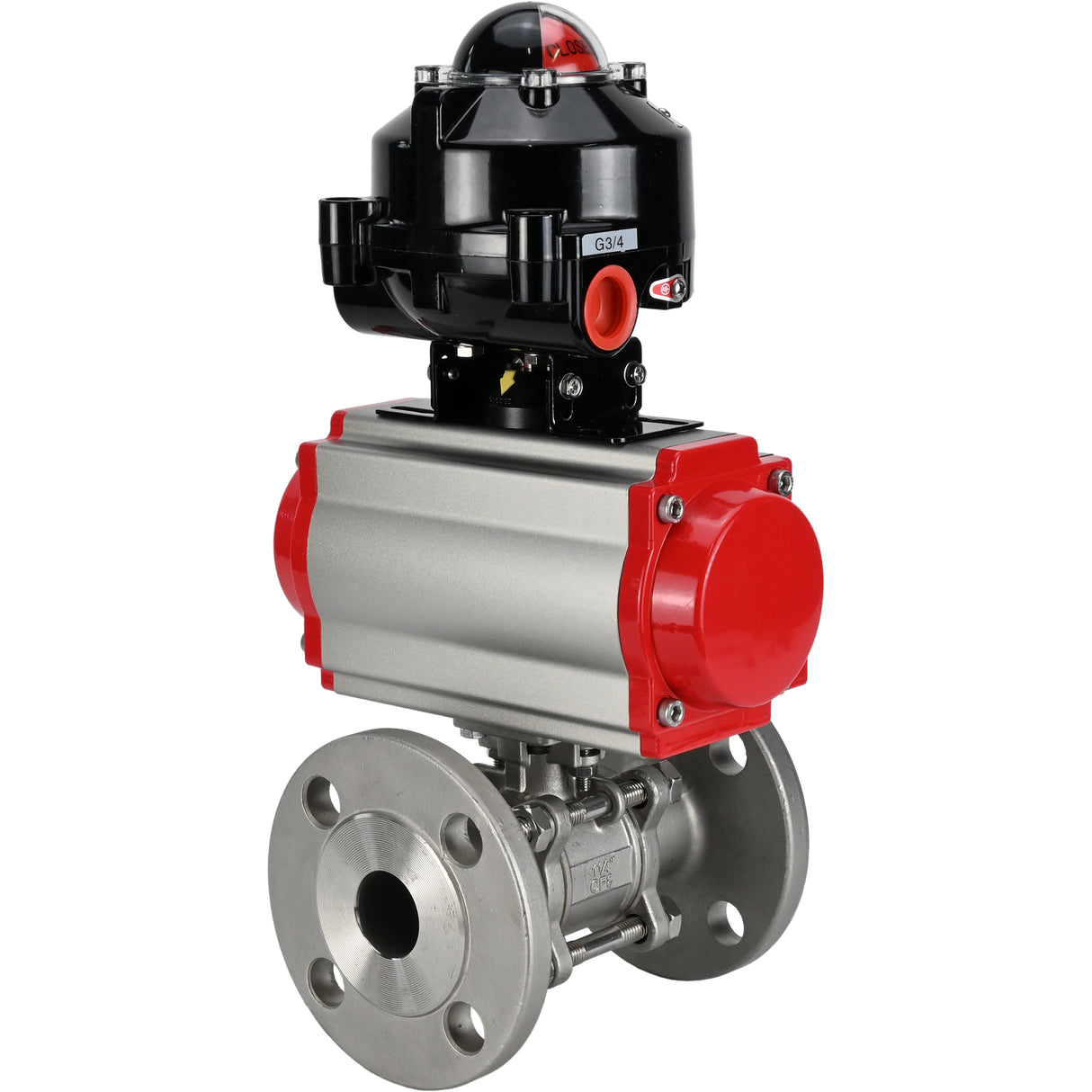 Vannes à boisseau sphérique Elephant BV3131P(3pc)-FP-F-ISO-H à brides, passage intégral, trois pièces, corps - acier inoxydable SS304, joint - PTFE, avec actionneur pneumatique Elephant PA-DA 052-130 et BKV APL -510N-EX