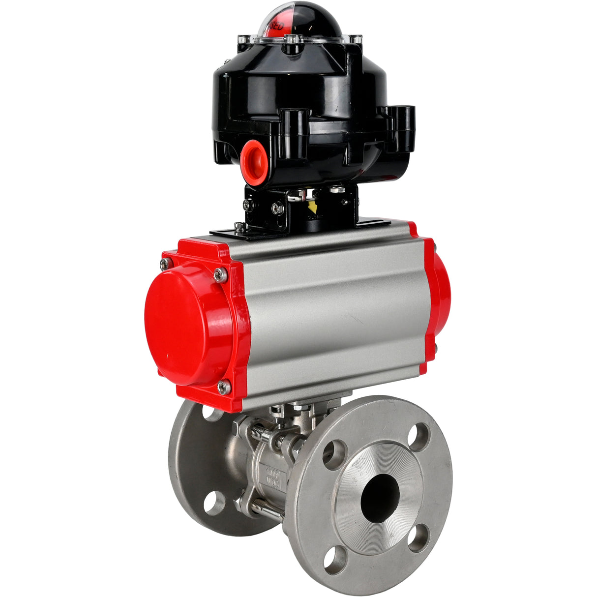 Vannes à boisseau sphérique Elephant BV3131P(3pc)-FP-F-ISO-H à brides, passage intégral, trois pièces, corps - acier inoxydable SS304, joint - PTFE, avec actionneur pneumatique Elephant PA-DA 052-130 et BKV APL -510N-EX