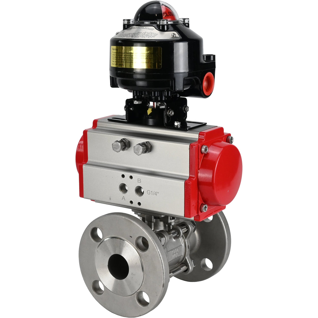 Vannes à boisseau sphérique Elephant BV3131P(3pc)-FP-F-ISO-H à brides, passage intégral, trois pièces, corps - acier inoxydable SS304, joint - PTFE, avec actionneur pneumatique Elephant PA-SA 065-160 et BKV APL -510N-EX