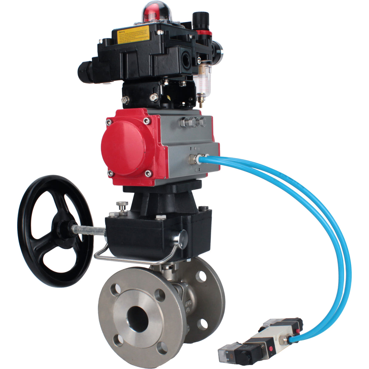 Ball valves Elephant BV3232P(2pc)-FP-F-ISO-H, body material - Stainless steel AISI 316, seal - PTFE / PTFE / Teflon, with pneumatic actuator double action PA-DA, 4V320-10 220V, LSU APL-410N Ex, handwheel MON, ATU AFC2000