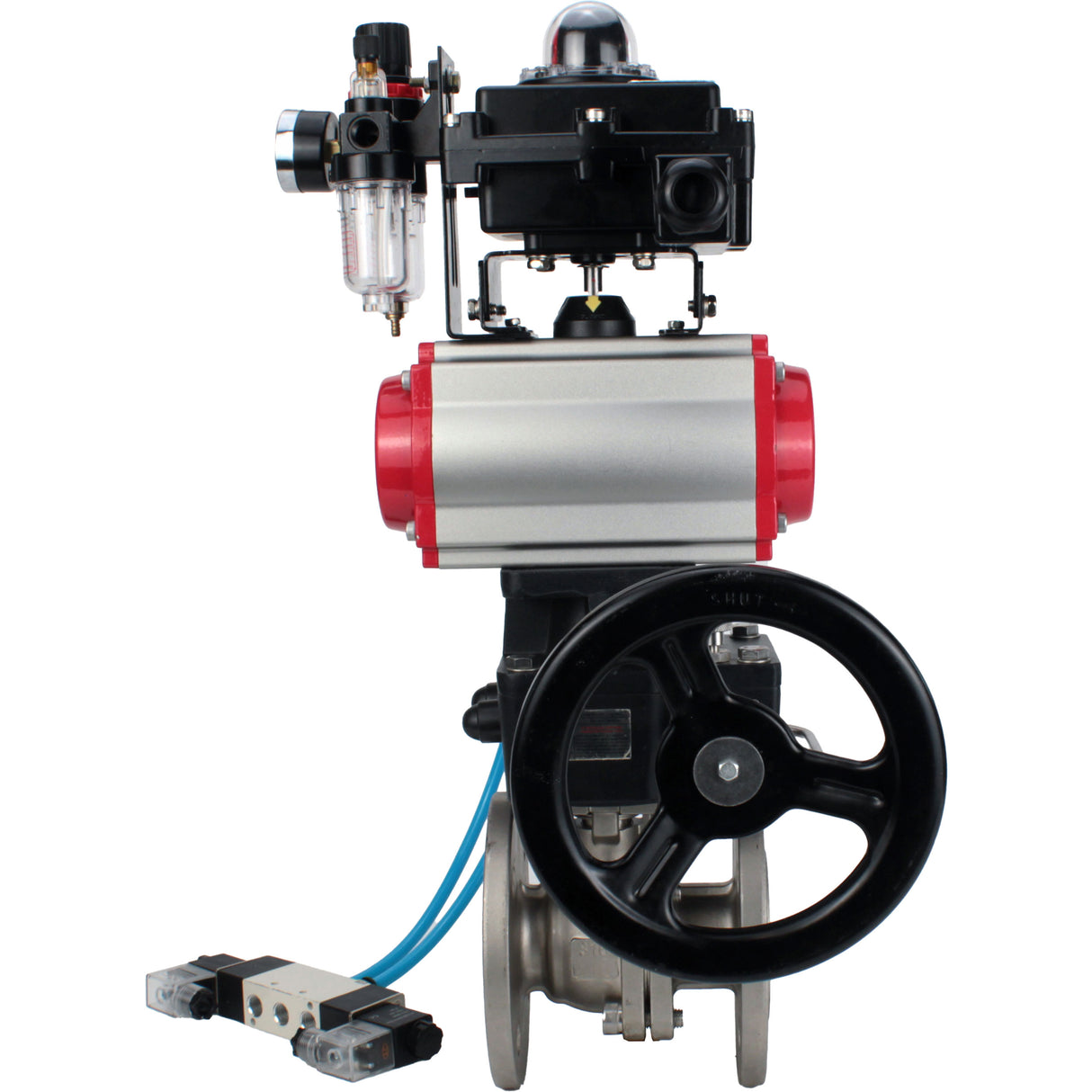 Ball valves Elephant BV3232P(2pc)-FP-F-ISO-H, body material - Stainless steel AISI 316, seal - PTFE / PTFE / Teflon, with pneumatic actuator double action PA-DA, 4V320-10 220V, LSU APL-410N Ex, handwheel MON, ATU AFC2000