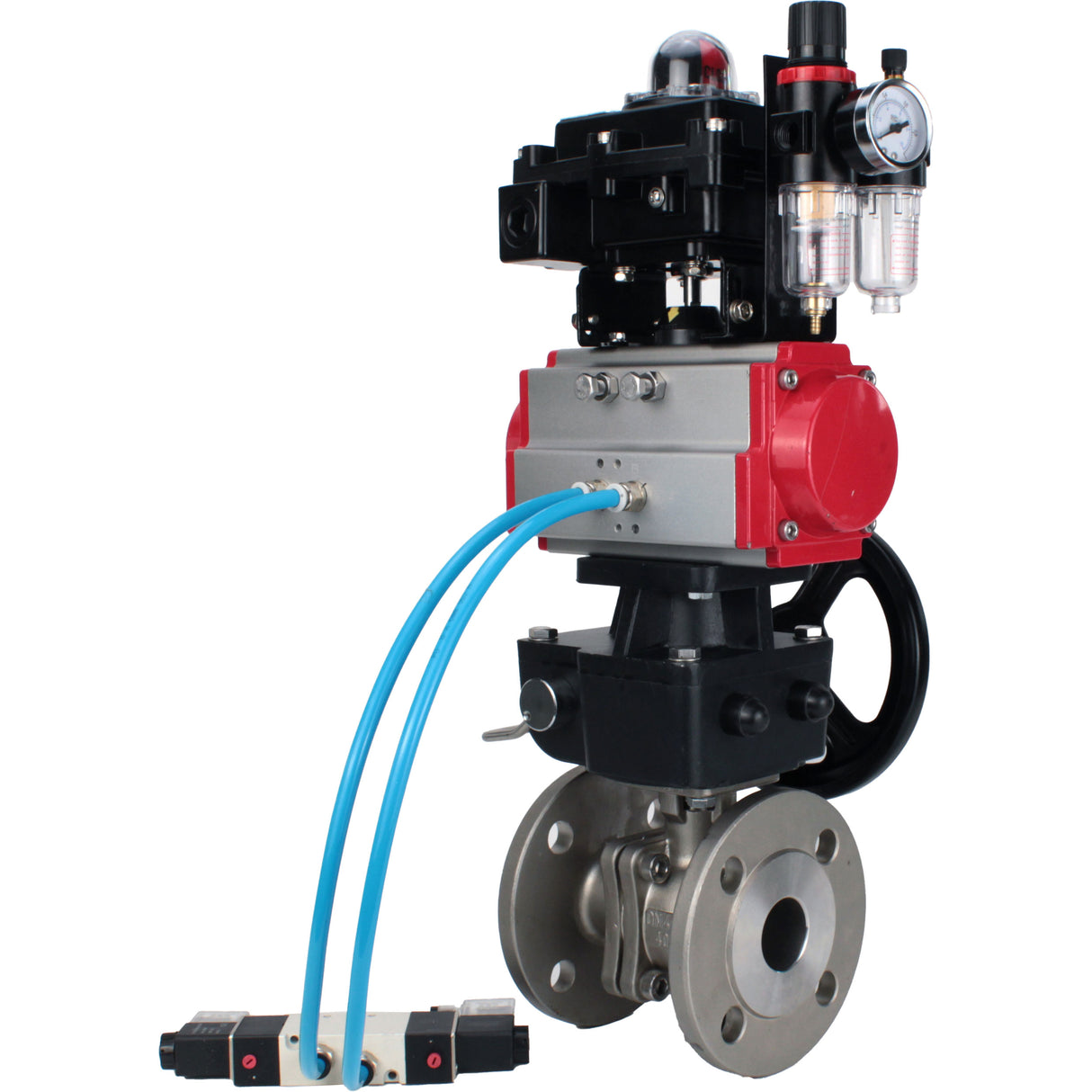 Ball valves Elephant BV3232P(2pc)-FP-F-ISO-H, body material - Stainless steel AISI 316, seal - PTFE / PTFE / Teflon, with pneumatic actuator double action PA-DA, 4V320-10 220V, LSU APL-410N Ex, handwheel MON, ATU AFC2000