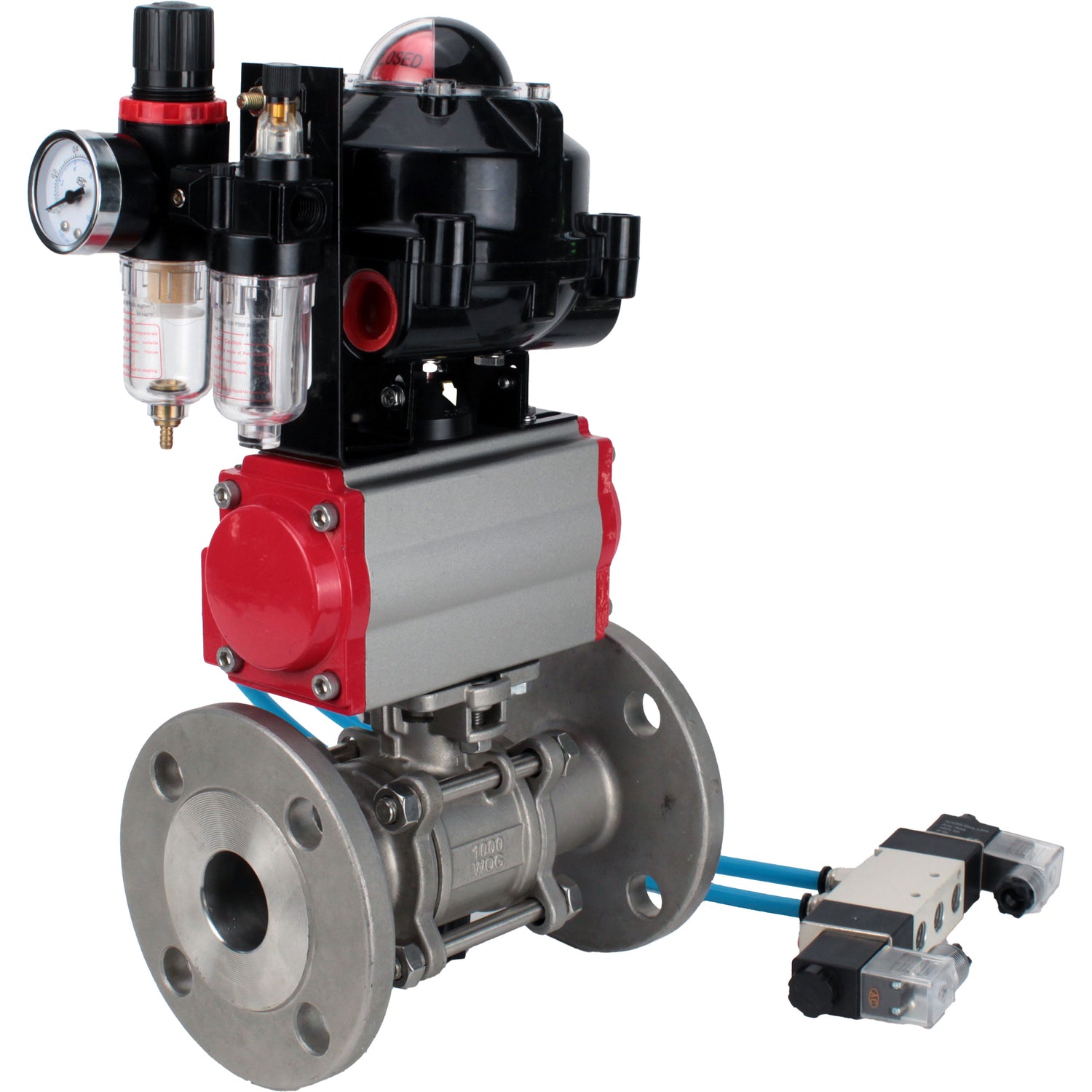 Ball valves Elephant BV3232P(3pc)-FP-F-ISO-H flanged, full bore, three-piece, stainless steel body. steel SS316, seal - PTFE, with pneumatic actuator Elephant PA-SA 065-160 pneumatic distributor 4V320-10 ATU AFC2000 APL-510N-EX