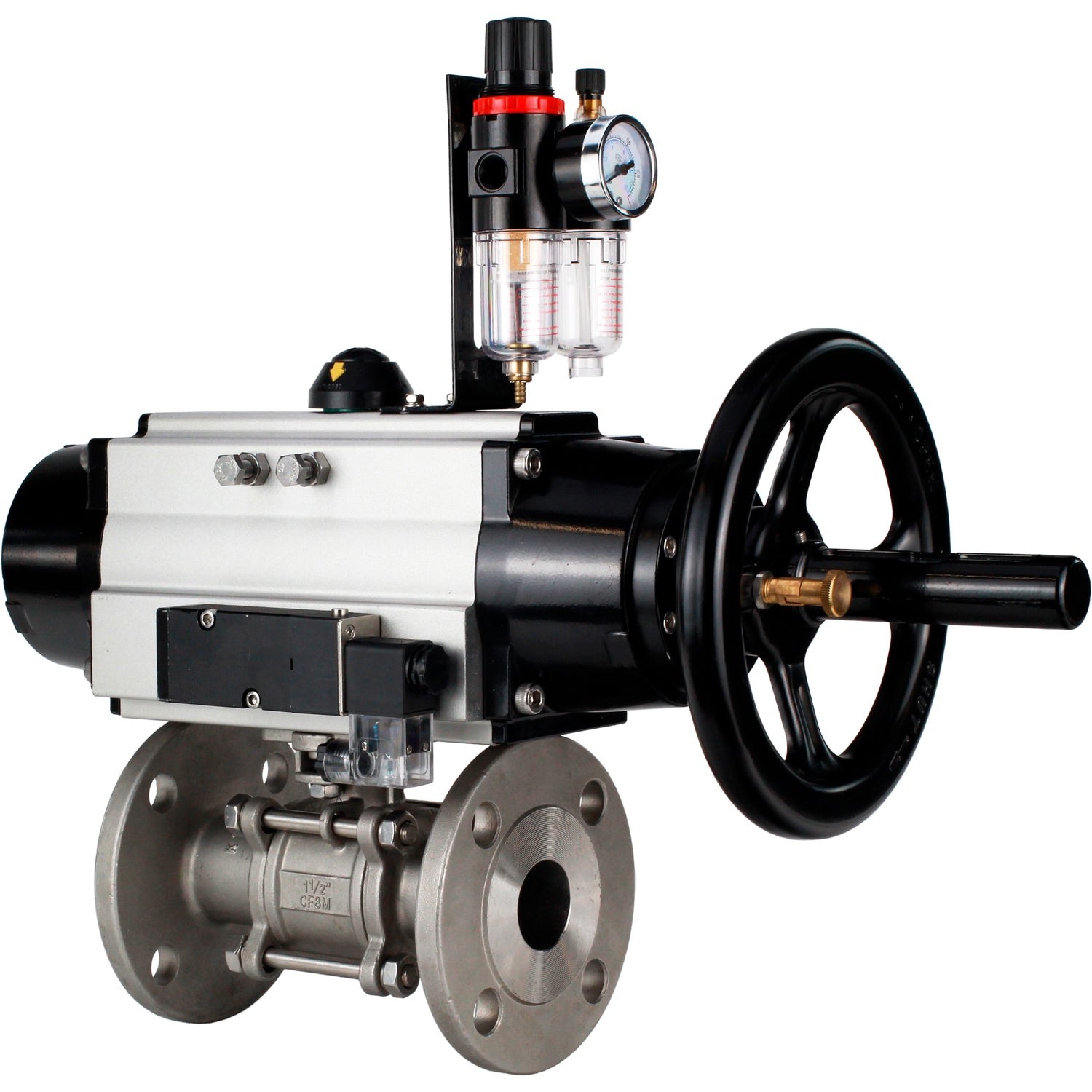 Ball valves Elephant BV3232P(3pc)-FP-F-ISO-H DN65-100 25/40 bar flanged with ISO flange, body - 316 stainless steel, full bore, seal - PTFE, with pneumatic drive PA-DA-105-1, pneumatic distributor 4M310-08 NAMUR 220V, ATU AFC2000
