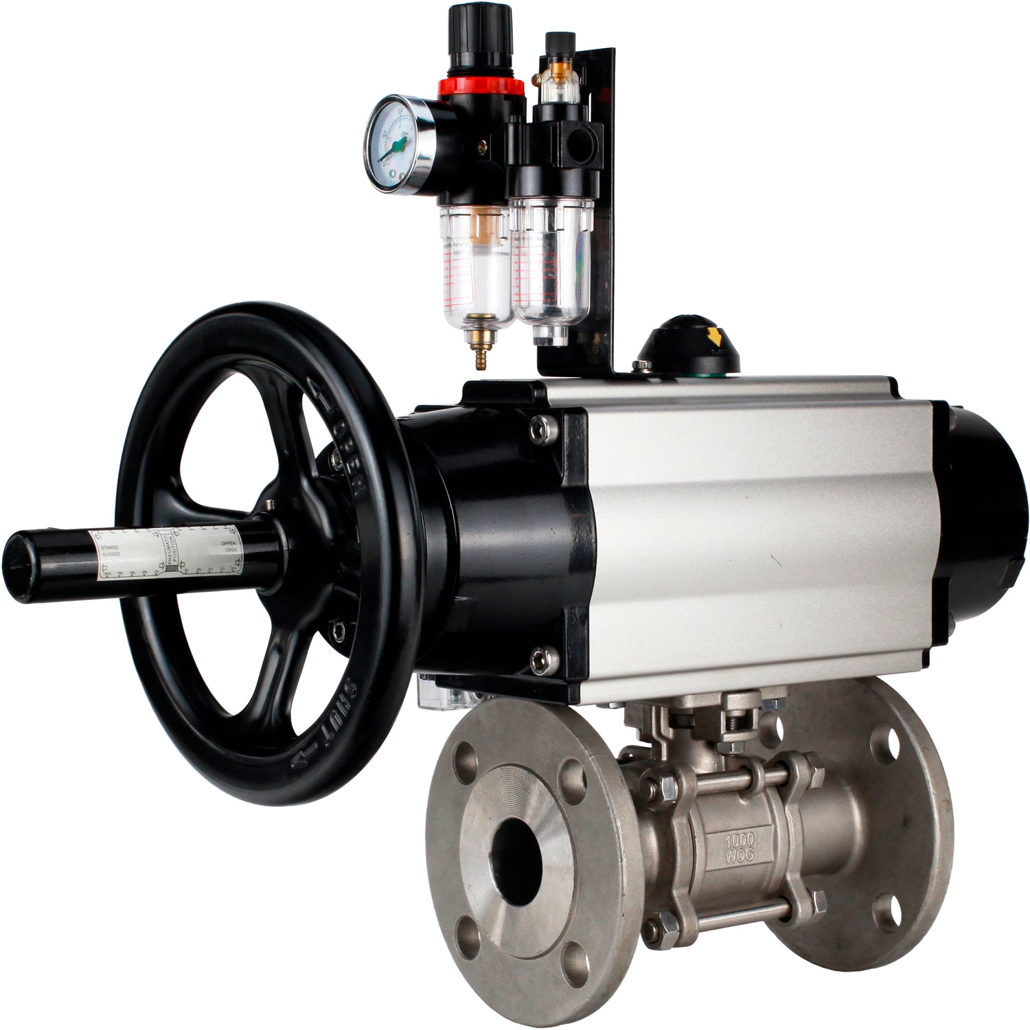 Ball valves Elephant BV3232P(3pc)-FP-F-ISO-H DN65-100 25/40 bar flanged with ISO flange, body - 316 stainless steel, full bore, seal - PTFE, with pneumatic drive PA-DA-105-1, pneumatic distributor 4M310-08 NAMUR 220V, ATU AFC2000