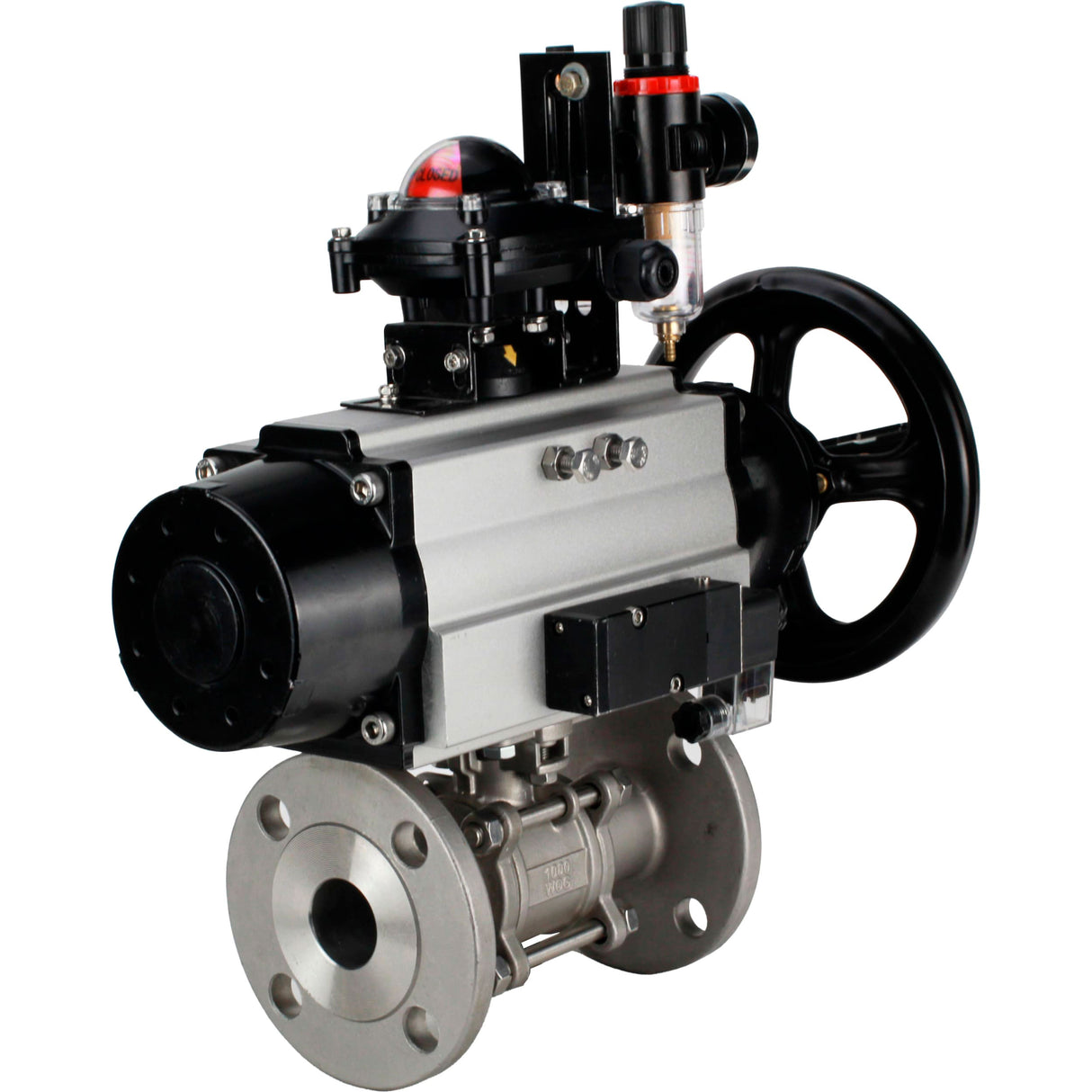 Ball valves Elephant BV3232P(3pc)-FP-F-ISO-H DN65-100 25/40 bar flanged with ISO flange, body - 316 stainless steel, full bore, seal - PTFE, with pneumatic drive PA-DA-105-1, pneumatic distributor 4M310-08 NAMUR 220V, LSU APL-210N, ATU AFC2000