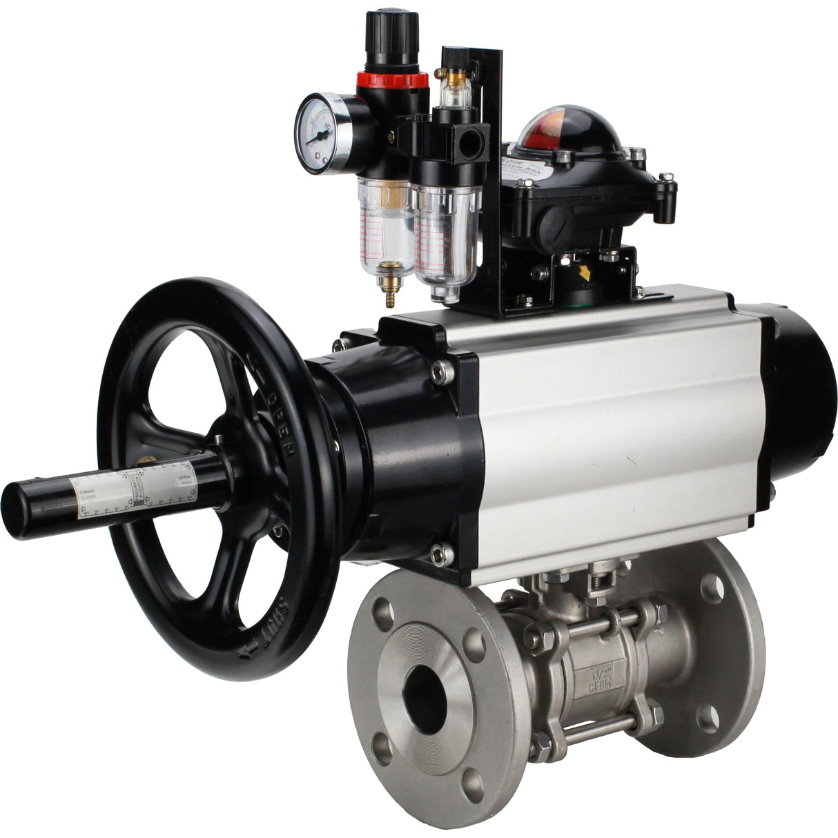 Ball valves Elephant BV3232P(3pc)-FP-F-ISO-H DN65-100 25/40 bar flanged with ISO flange, body - 316 stainless steel, full bore, seal - PTFE, with pneumatic drive PA-DA-105-1, pneumatic distributor 4M310-08 NAMUR 220V, LSU APL-210N, ATU AFC2000