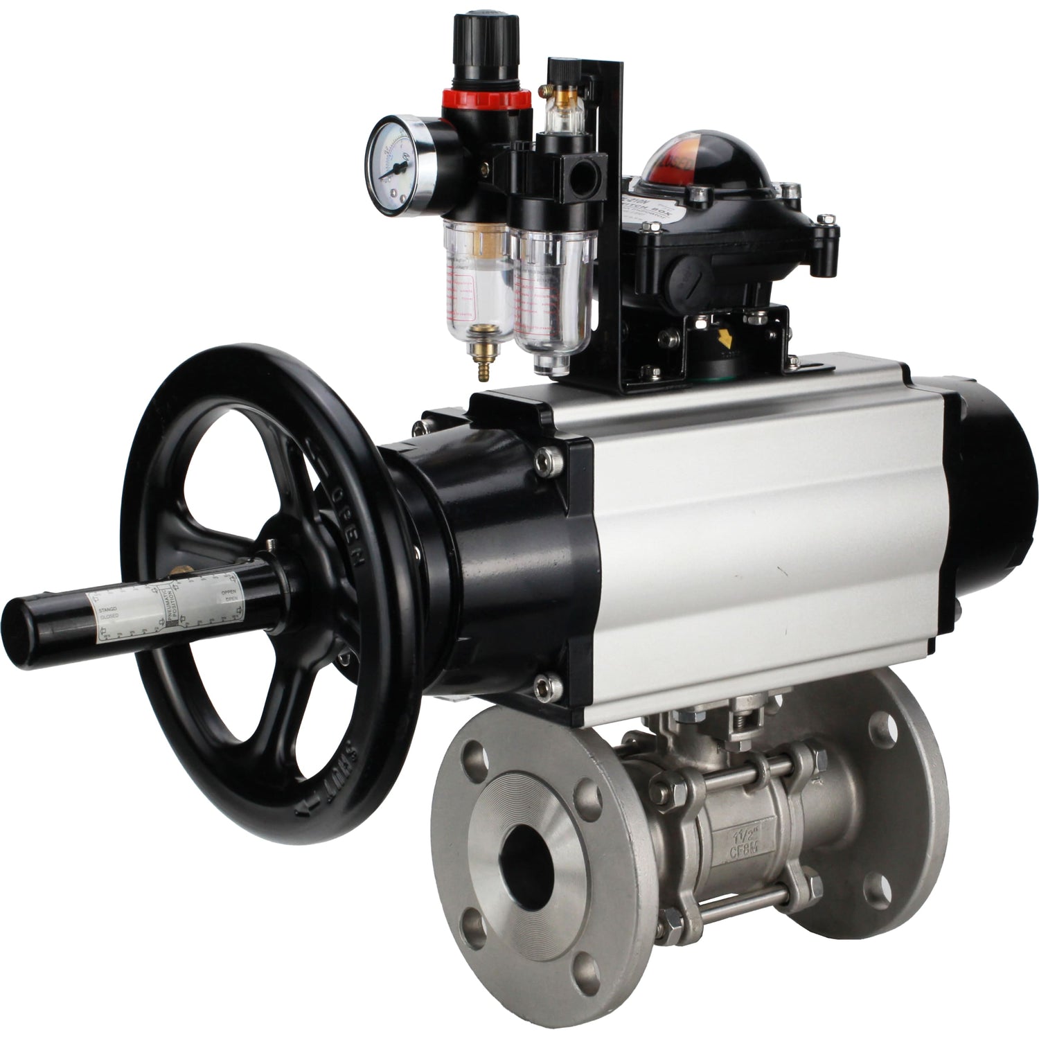 Ball valves Elephant BV3232P(3pc)-FP-F-ISO-H DN65-100 25/40 bar flanged with ISO flange, body - 316 stainless steel, full bore, seal - PTFE, with pneumatic drive PA-DA-105-1, pneumatic distributor 4M310-08 NAMUR 220V, LSU APL-210N, ATU AFC2000