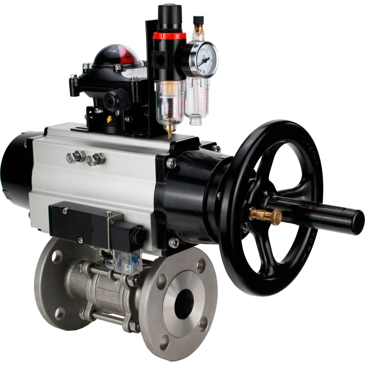 Ball valves Elephant BV3232P(3pc)-FP-F-ISO-H DN65-100 25/40 bar flanged with ISO flange, body - 316 stainless steel, full bore, seal - PTFE, with pneumatic drive PA-DA-105-1, pneumatic distributor 4M310-08 NAMUR 220V, LSU APL-210N, ATU AFC2000