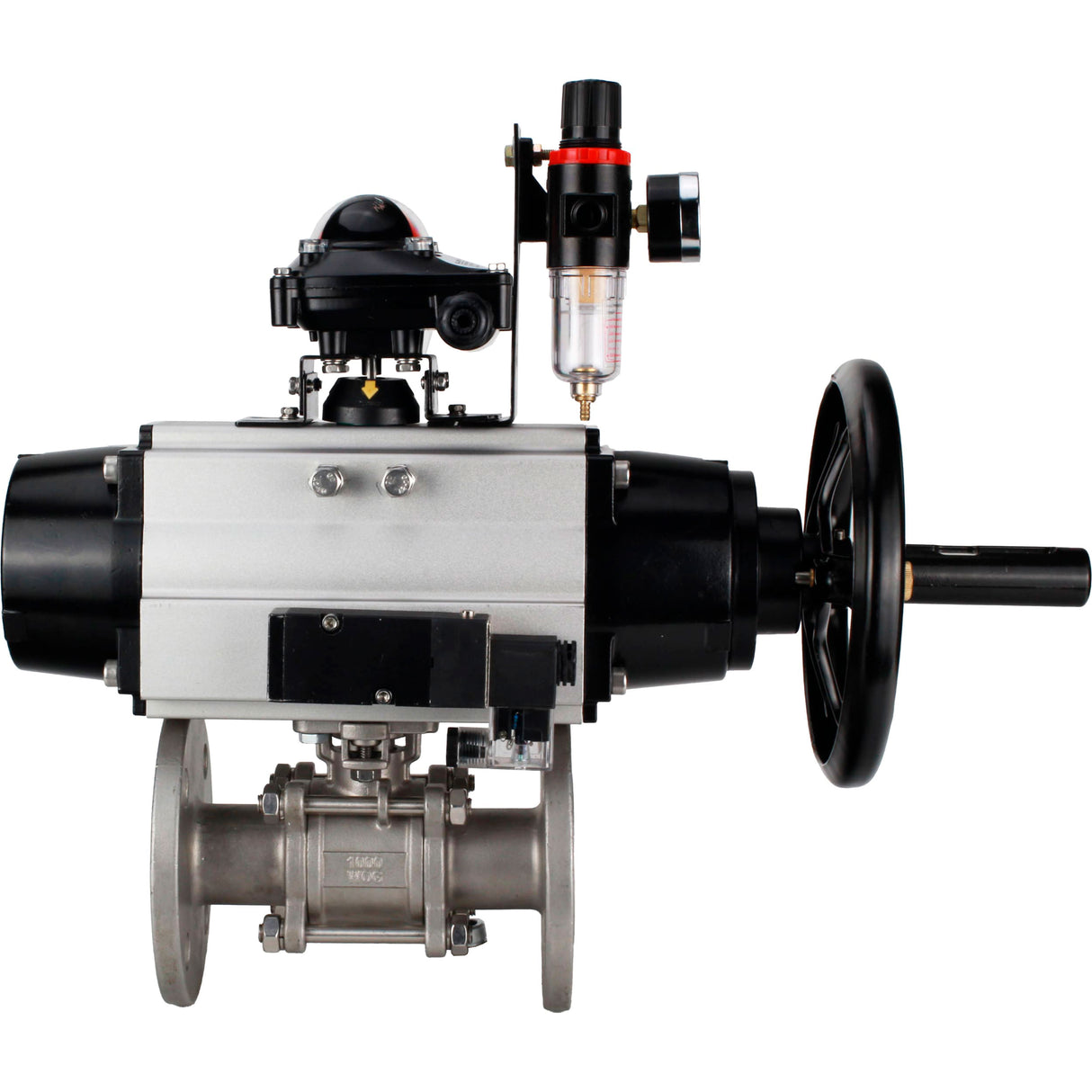 Ball valves Elephant BV3232P(3pc)-FP-F-ISO-H DN65-100 25/40 bar flanged with ISO flange, body - 316 stainless steel, full bore, seal - PTFE, with pneumatic drive PA-DA-105-1, pneumatic distributor 4M310-08 NAMUR 220V, LSU APL-210N, ATU AFC2000