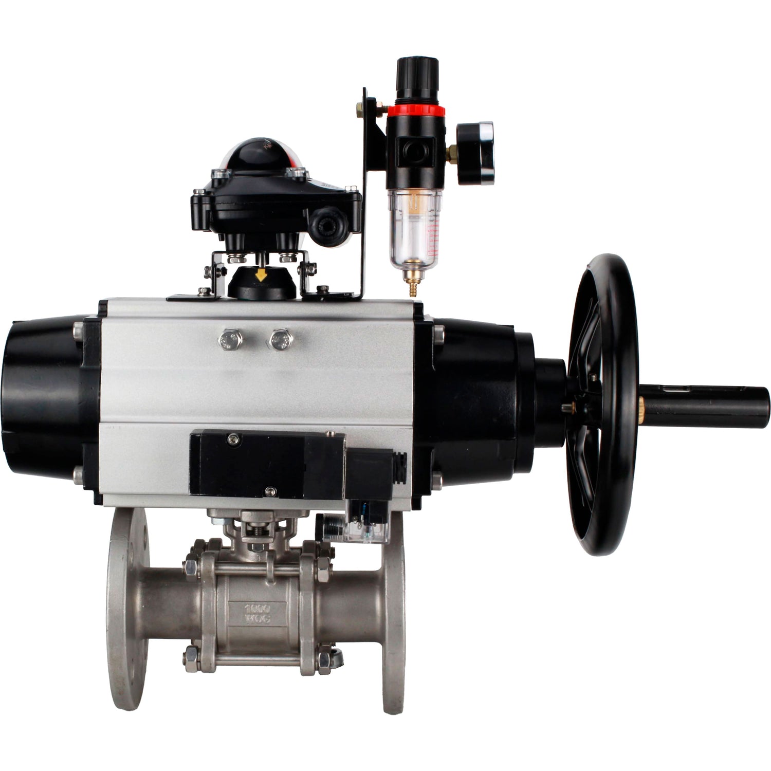 Ball valves Elephant BV3232P(3pc)-FP-F-ISO-H DN65-100 25/40 bar flanged with ISO flange, body - 316 stainless steel, full bore, seal - PTFE, with pneumatic drive PA-DA-105-1, pneumatic distributor 4M310-08 NAMUR 220V, LSU APL-210N, ATU AFC2000