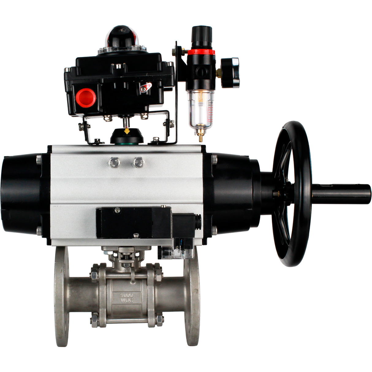 Ball valves Elephant BV3232P(3pc)-FP-F-ISO-H DN65-100 25/40 bar flanged with ISO flange, body - 316 stainless steel, full bore, seal - PTFE, with pneumatic drive PA-DA-105-1, pneumatic distributor 4M310-08 NAMUR 220V, LSU APL-410N Ex, ATU AFC2000