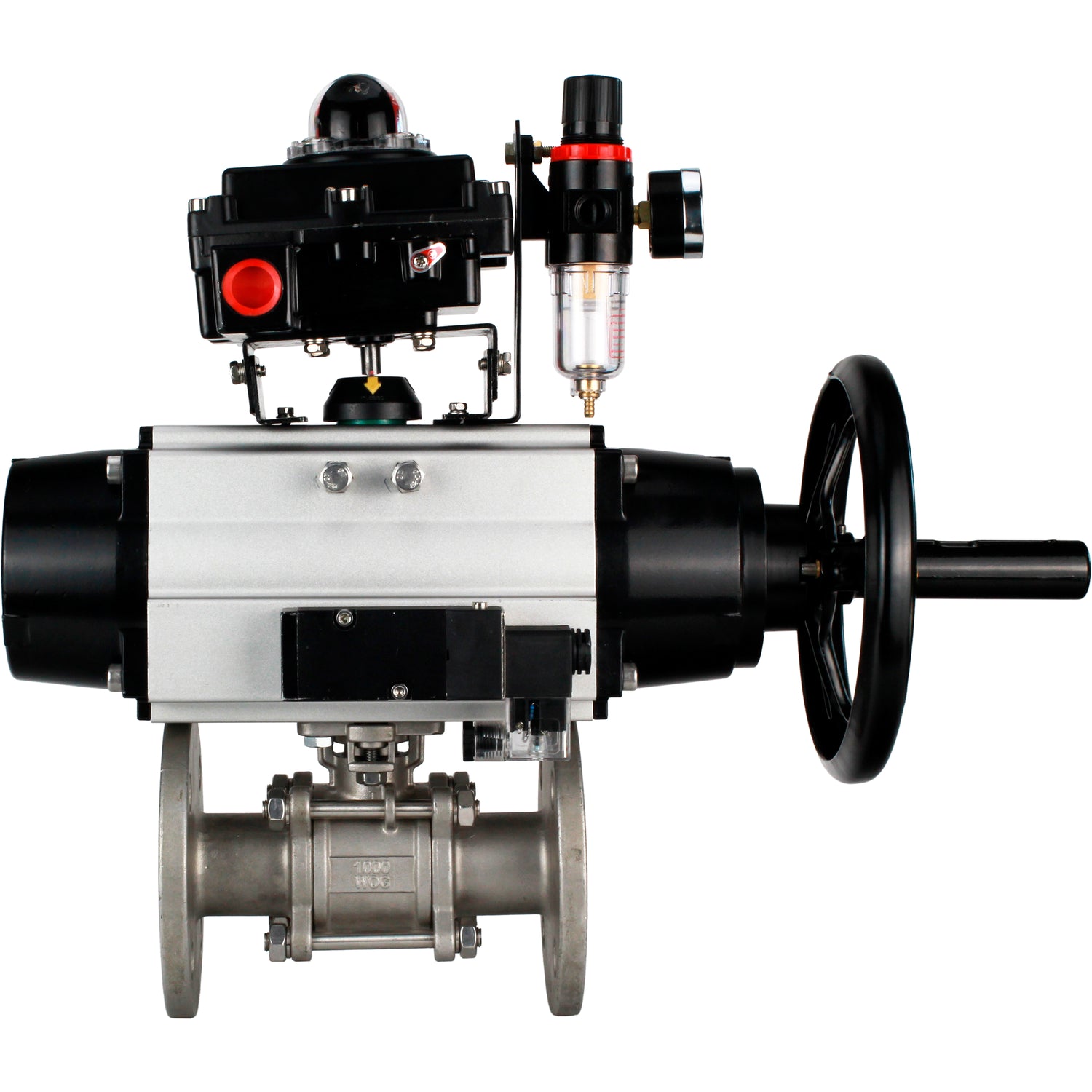 Ball valves Elephant BV3232P(3pc)-FP-F-ISO-H DN65-100 25/40 bar flanged with ISO flange, body - 316 stainless steel, full bore, seal - PTFE, with pneumatic drive PA-DA-105-1, pneumatic distributor 4M310-08 NAMUR 220V, LSU APL-410N Ex, ATU AFC2000