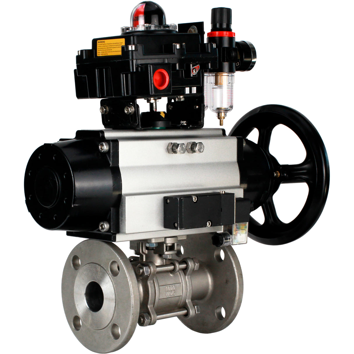 Ball valves Elephant BV3232P(3pc)-FP-F-ISO-H DN65-100 25/40 bar flanged with ISO flange, body - 316 stainless steel, full bore, seal - PTFE, with pneumatic drive PA-DA-105-1, pneumatic distributor 4M310-08 NAMUR 220V, LSU APL-410N Ex, ATU AFC2000