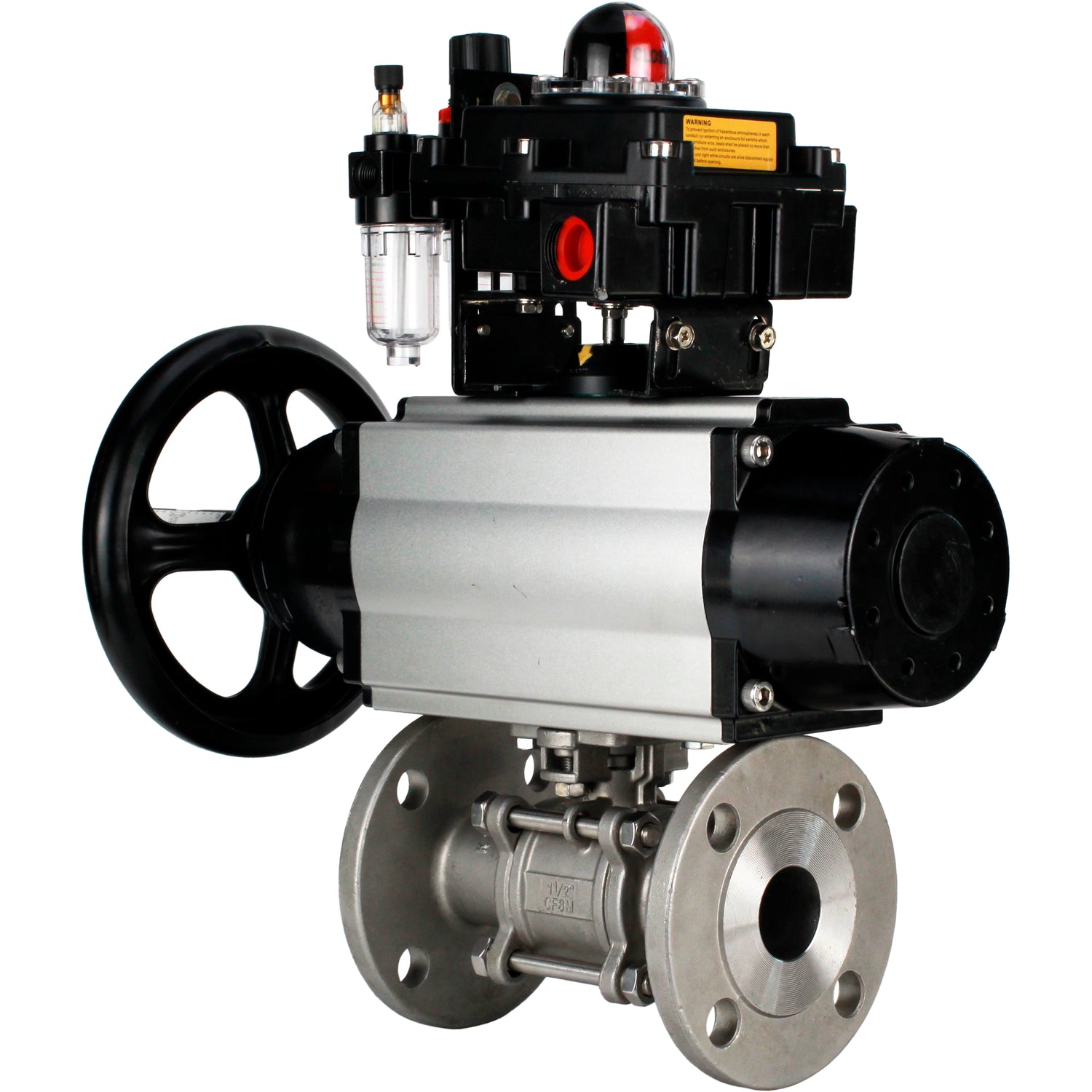 Ball valves Elephant BV3232P(3pc)-FP-F-ISO-H DN65-100 25/40 bar flanged with ISO flange, body - 316 stainless steel, full bore, seal - PTFE, with pneumatic drive PA-DA-105-1, pneumatic distributor 4M310-08 NAMUR 220V, LSU APL-410N Ex, ATU AFC2000