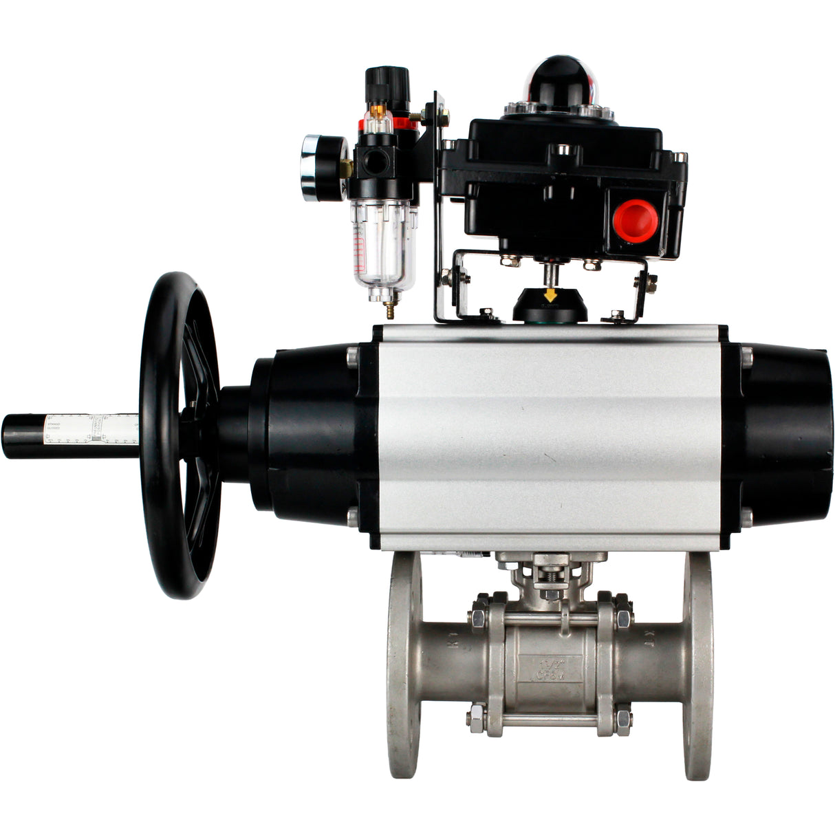 Ball valves Elephant BV3232P(3pc)-FP-F-ISO-H DN65-100 25/40 bar flanged with ISO flange, body - 316 stainless steel, full bore, seal - PTFE, with pneumatic drive PA-DA-105-1, pneumatic distributor 4M310-08 NAMUR 220V, LSU APL-410N Ex, ATU AFC2000