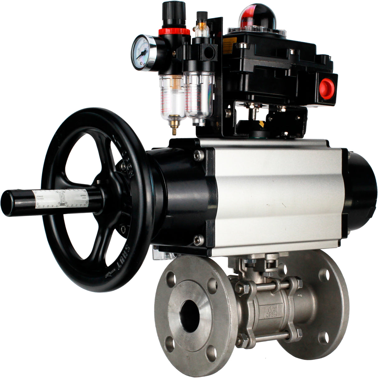 Ball valves Elephant BV3232P(3pc)-FP-F-ISO-H DN65-100 25/40 bar flanged with ISO flange, body - 316 stainless steel, full bore, seal - PTFE, with pneumatic drive PA-DA-105-1, pneumatic distributor 4M310-08 NAMUR 220V, LSU APL-410N Ex, ATU AFC2000