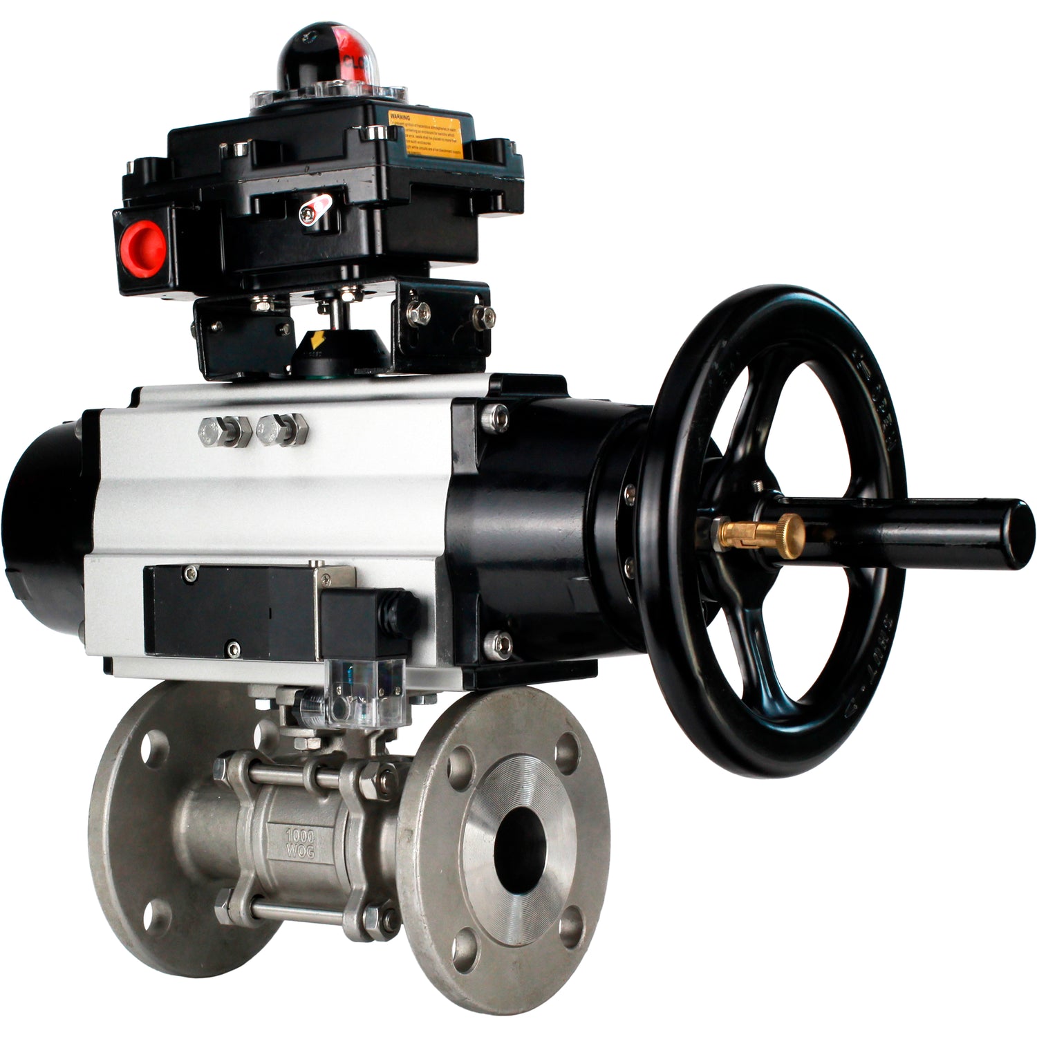 Ball valves Elephant BV3232P(3pc)-FP-F-ISO-H DN65-100 25/40 bar flanged with ISO flange, body - 316 stainless steel, full bore, seal - PTFE, with pneumatic drive PA-DA-105-1, pneumatic distributor 4M310-08 NAMUR 220V, LSU APL-410N Ex