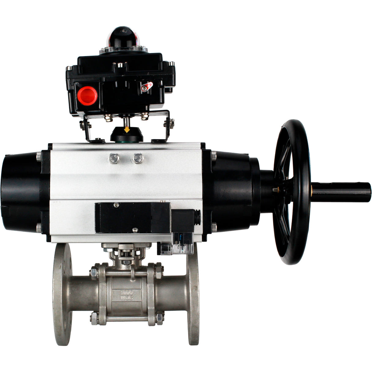 Ball valves Elephant BV3232P(3pc)-FP-F-ISO-H DN65-100 25/40 bar flanged with ISO flange, body - 316 stainless steel, full bore, seal - PTFE, with pneumatic drive PA-DA-105-1, pneumatic distributor 4M310-08 NAMUR 220V, LSU APL-410N Ex