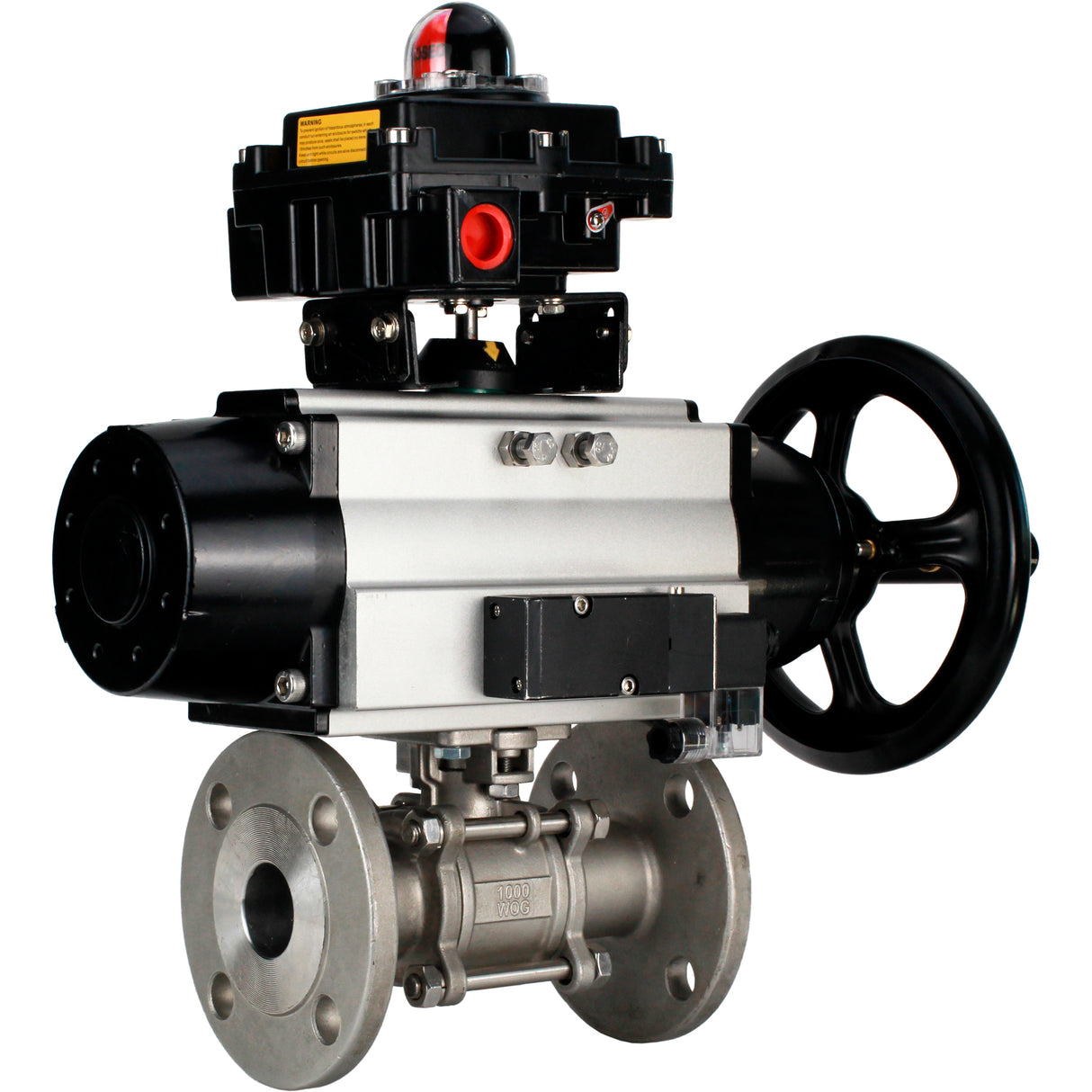 Ball valves Elephant BV3232P(3pc)-FP-F-ISO-H DN65-100 25/40 bar flanged with ISO flange, body - 316 stainless steel, full bore, seal - PTFE, with pneumatic drive PA-DA-105-1, pneumatic distributor 4M310-08 NAMUR 220V, LSU APL-410N Ex