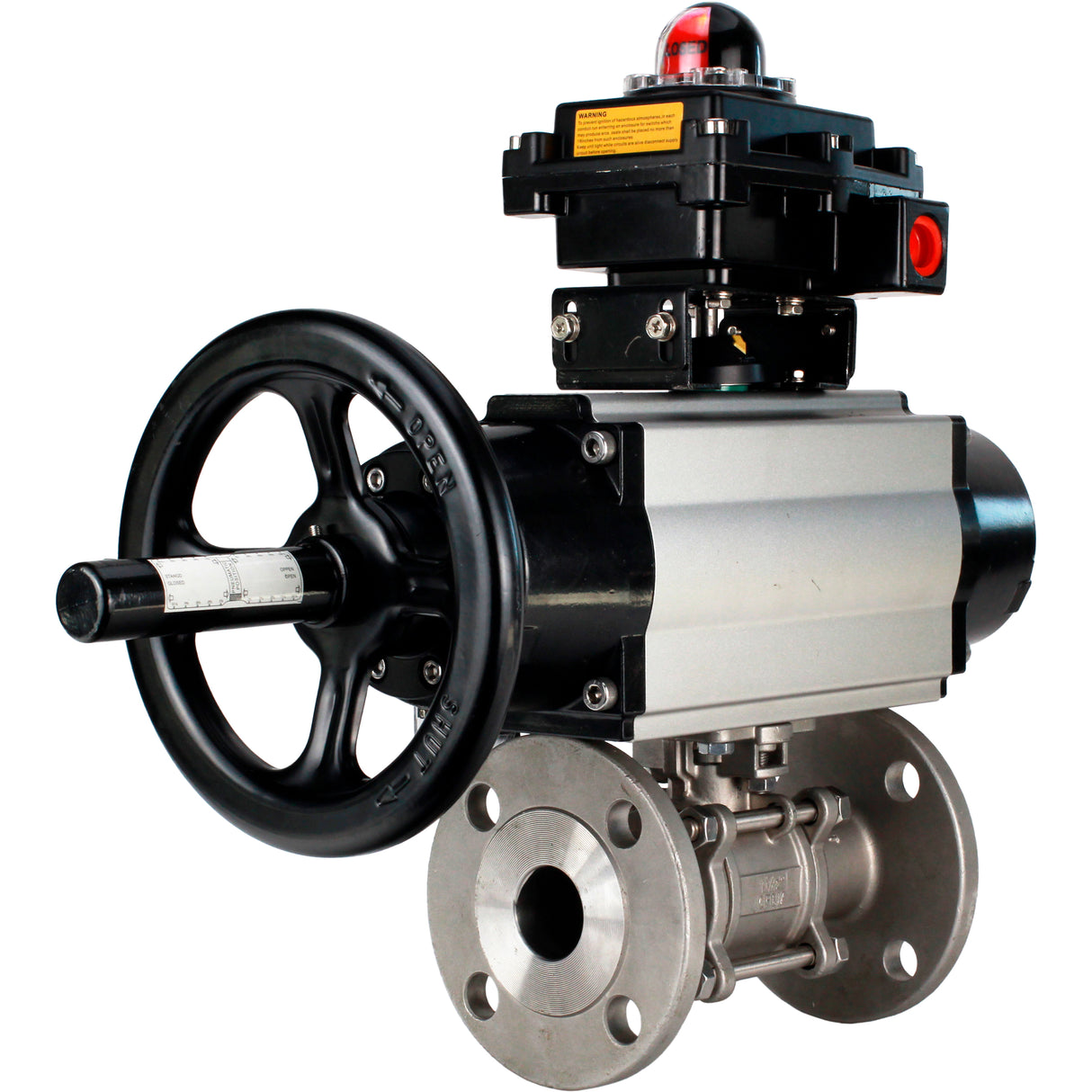 Ball valves Elephant BV3232P(3pc)-FP-F-ISO-H DN65-100 25/40 bar flanged with ISO flange, body - 316 stainless steel, full bore, seal - PTFE, with pneumatic drive PA-DA-105-1, pneumatic distributor 4M310-08 NAMUR 220V, LSU APL-410N Ex