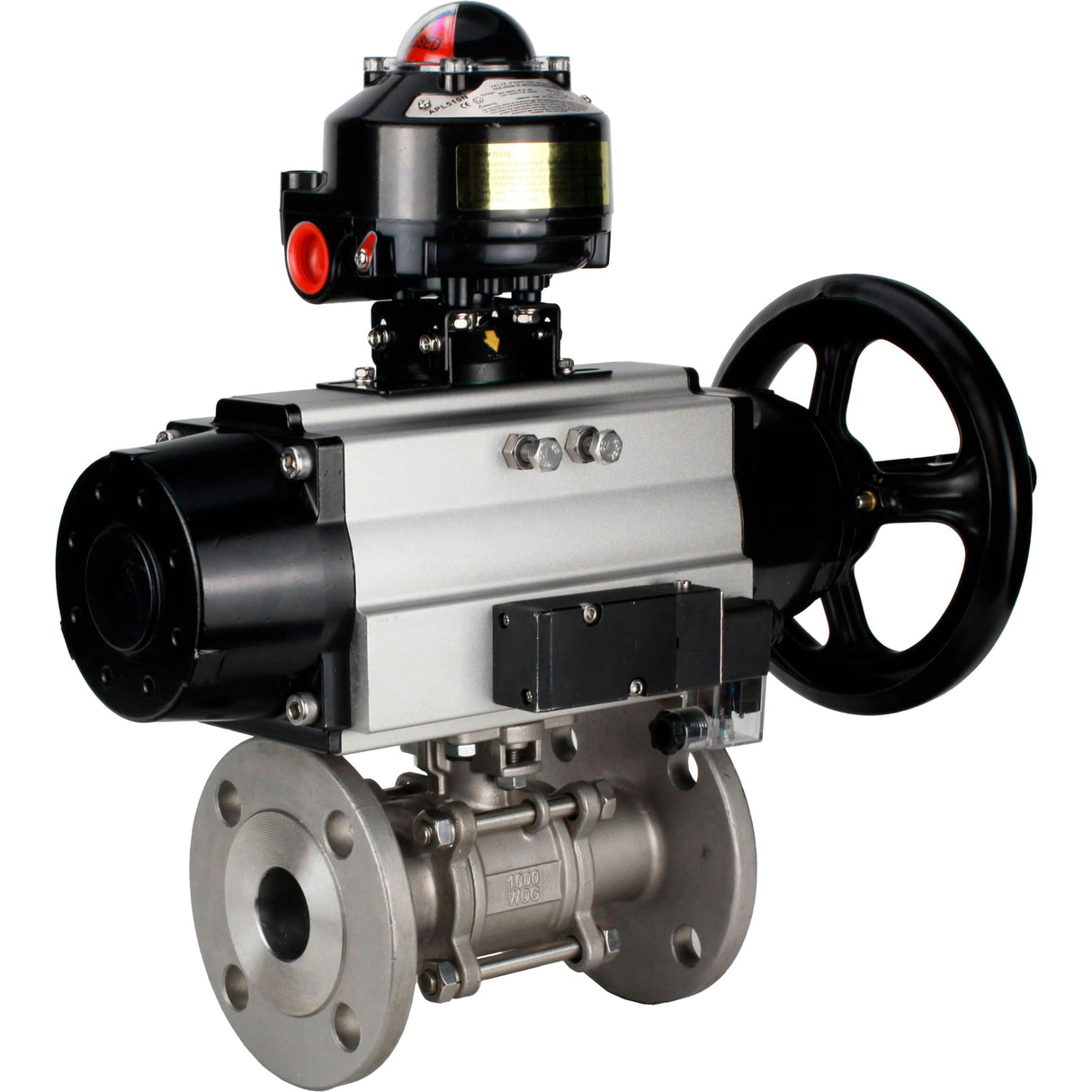 Ball valves Elephant BV3232P(3pc)-FP-F-ISO-H DN65-100 25/40 bar flanged with ISO flange, body - 316 stainless steel, full bore, seal - PTFE, with pneumatic drive PA-DA-105-1, pneumatic distributor 4M310-08 NAMUR 220V, LSU APL-510N Ex