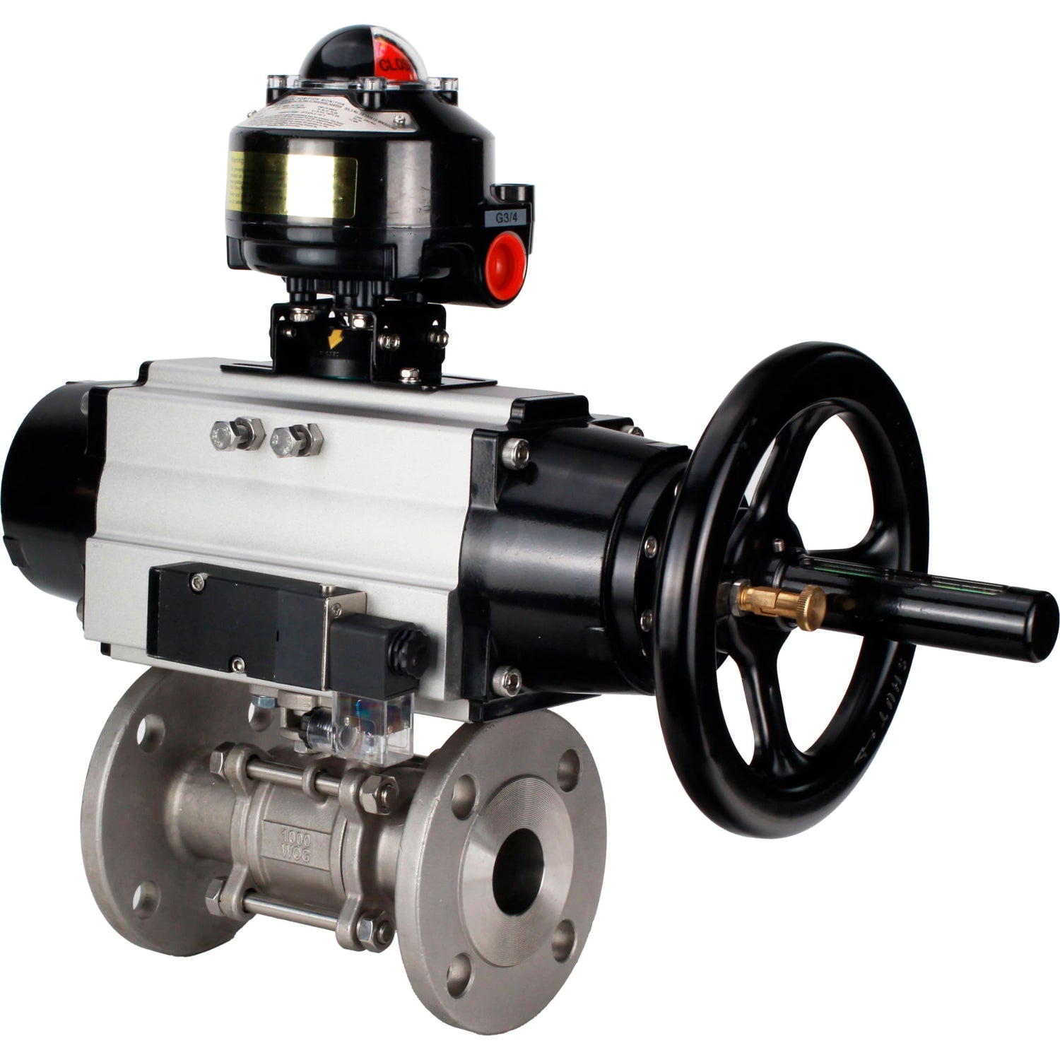 Ball valves Elephant BV3232P(3pc)-FP-F-ISO-H DN65-100 25/40 bar flanged with ISO flange, body - 316 stainless steel, full bore, seal - PTFE, with pneumatic drive PA-DA-105-1, pneumatic distributor 4M310-08 NAMUR 220V, LSU APL-510N Ex