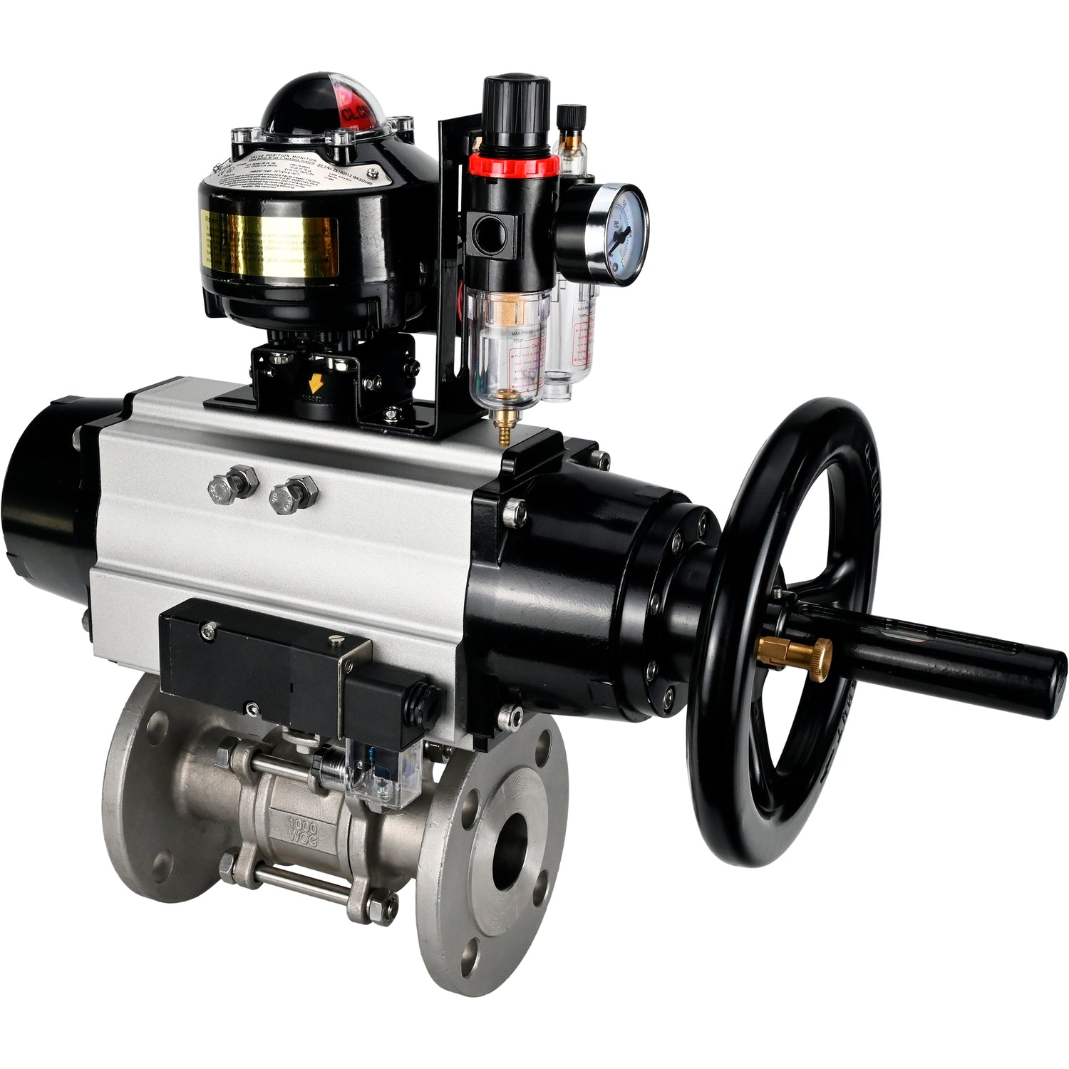 Ball valves Elephant BV3232P(3pc)-FP-F-ISO-H DN65-100 25/40 bar flanged with ISO flange, body - 316 stainless steel, full bore, seal - PTFE, with pneumatic drive PA-DA-105-1, pneumatic distributor 4M310-08 NAMUR 220V, LSU APL-510N Ex, ATU AFC2000