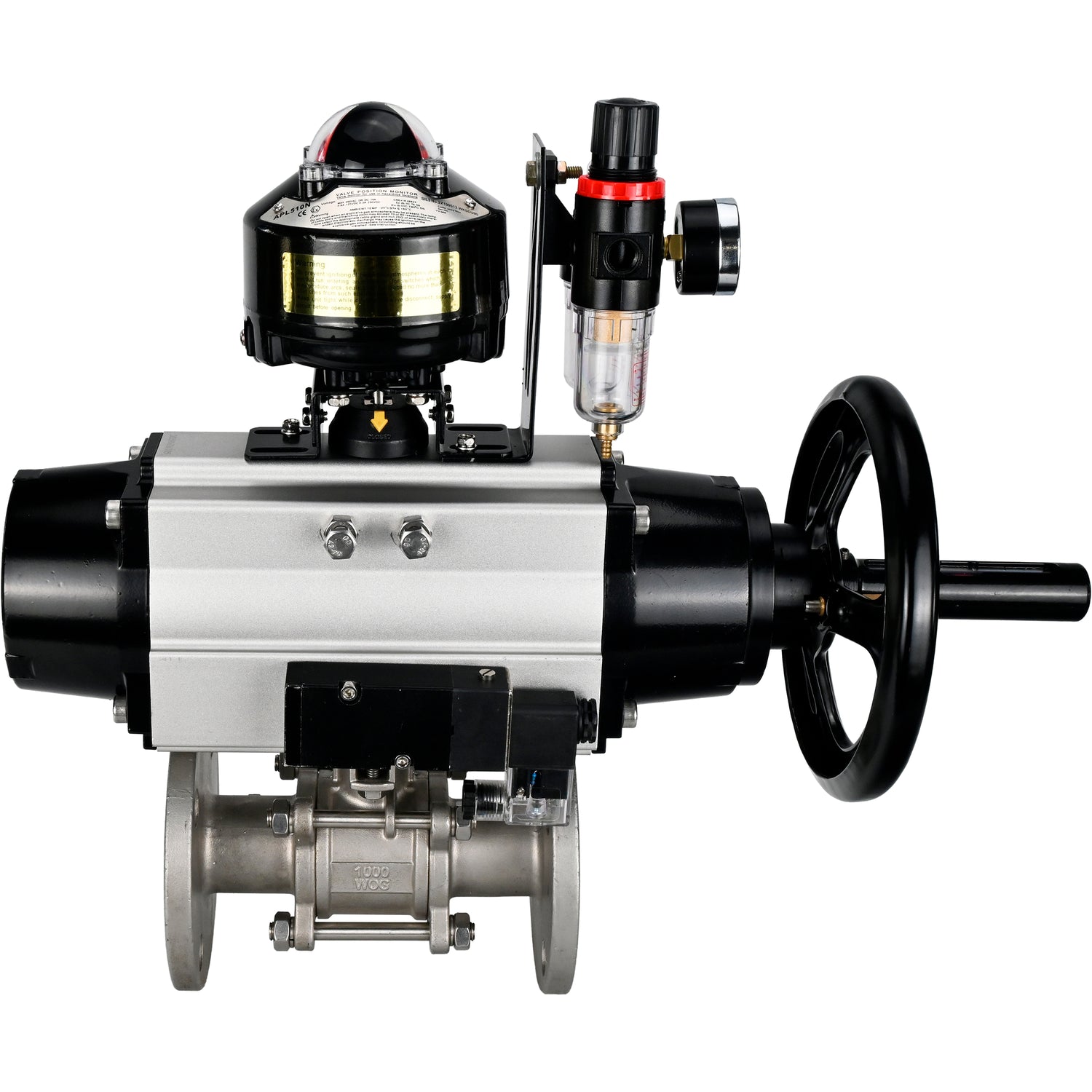 Ball valves Elephant BV3232P(3pc)-FP-F-ISO-H DN65-100 25/40 bar flanged with ISO flange, body - 316 stainless steel, full bore, seal - PTFE, with pneumatic drive PA-DA-105-1, pneumatic distributor 4M310-08 NAMUR 220V, LSU APL-510N Ex, ATU AFC2000