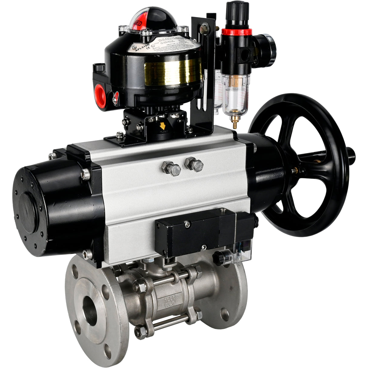 Ball valves Elephant BV3232P(3pc)-FP-F-ISO-H DN65-100 25/40 bar flanged with ISO flange, body - 316 stainless steel, full bore, seal - PTFE, with pneumatic drive PA-DA-105-1, pneumatic distributor 4M310-08 NAMUR 220V, LSU APL-510N Ex, ATU AFC2000