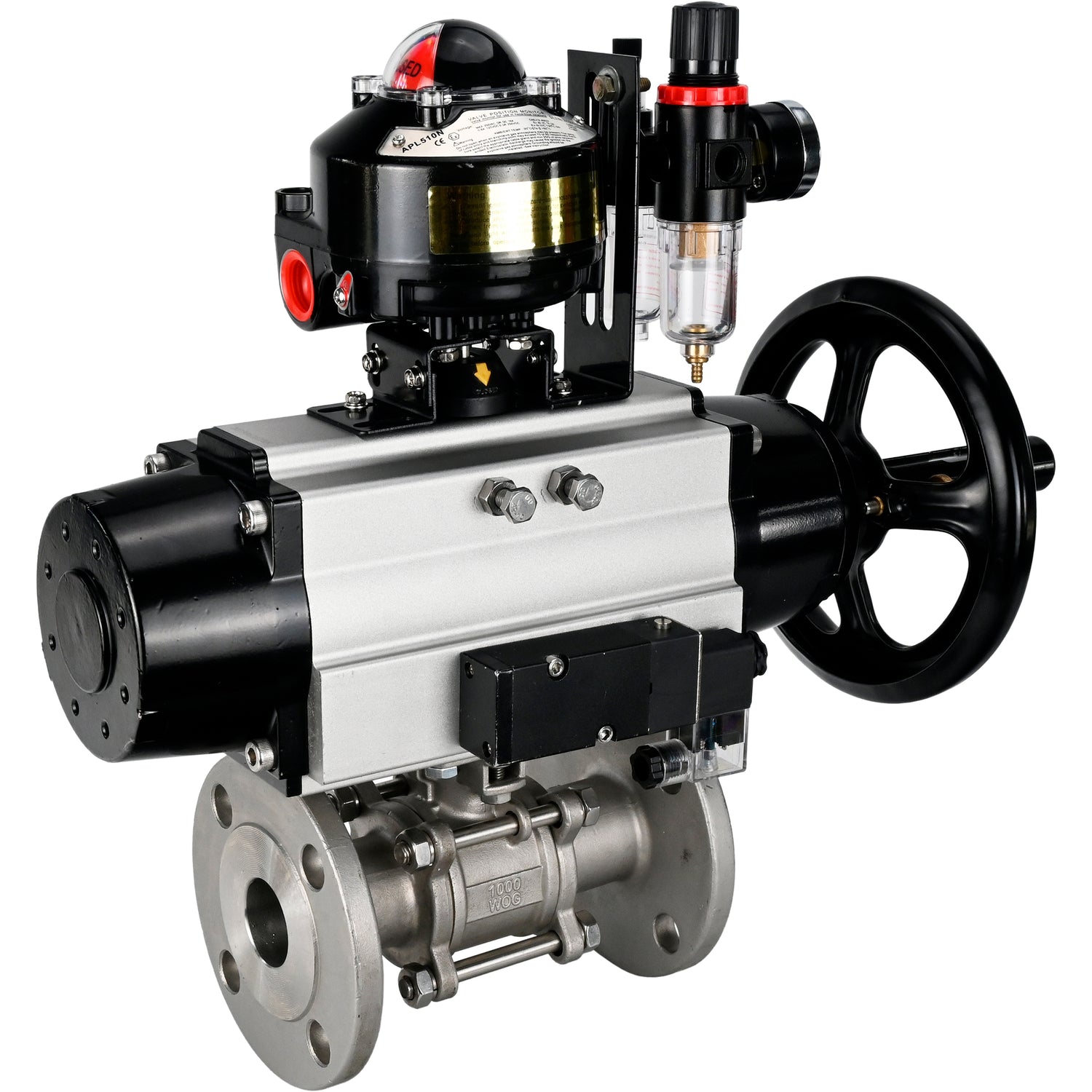 Ball valves Elephant BV3232P(3pc)-FP-F-ISO-H DN65-100 25/40 bar flanged with ISO flange, body - 316 stainless steel, full bore, seal - PTFE, with pneumatic drive PA-DA-105-1, pneumatic distributor 4M310-08 NAMUR 220V, LSU APL-510N Ex, ATU AFC2000