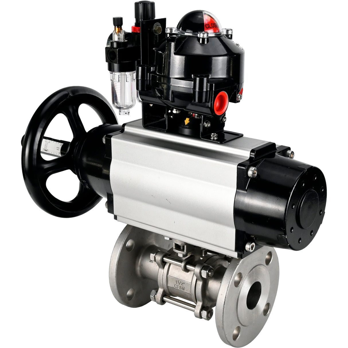 Ball valves Elephant BV3232P(3pc)-FP-F-ISO-H DN65-100 25/40 bar flanged with ISO flange, body - 316 stainless steel, full bore, seal - PTFE, with pneumatic drive PA-DA-105-1, pneumatic distributor 4M310-08 NAMUR 220V, LSU APL-510N Ex, ATU AFC2000