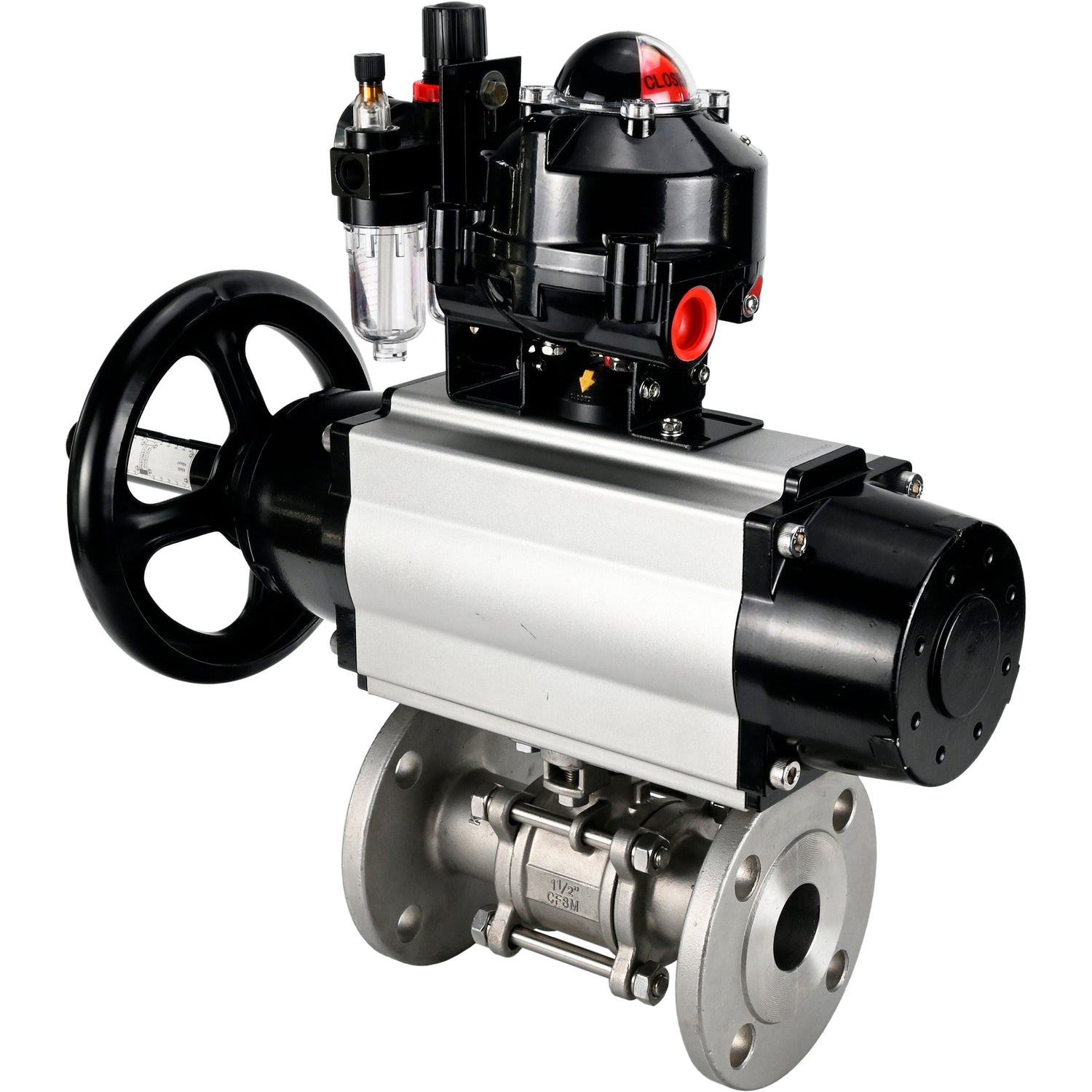 Ball valves Elephant BV3232P(3pc)-FP-F-ISO-H DN65-100 25/40 bar flanged with ISO flange, body - 316 stainless steel, full bore, seal - PTFE, with pneumatic drive PA-DA-105-1, pneumatic distributor 4M310-08 NAMUR 220V, LSU APL-510N Ex, ATU AFC2000