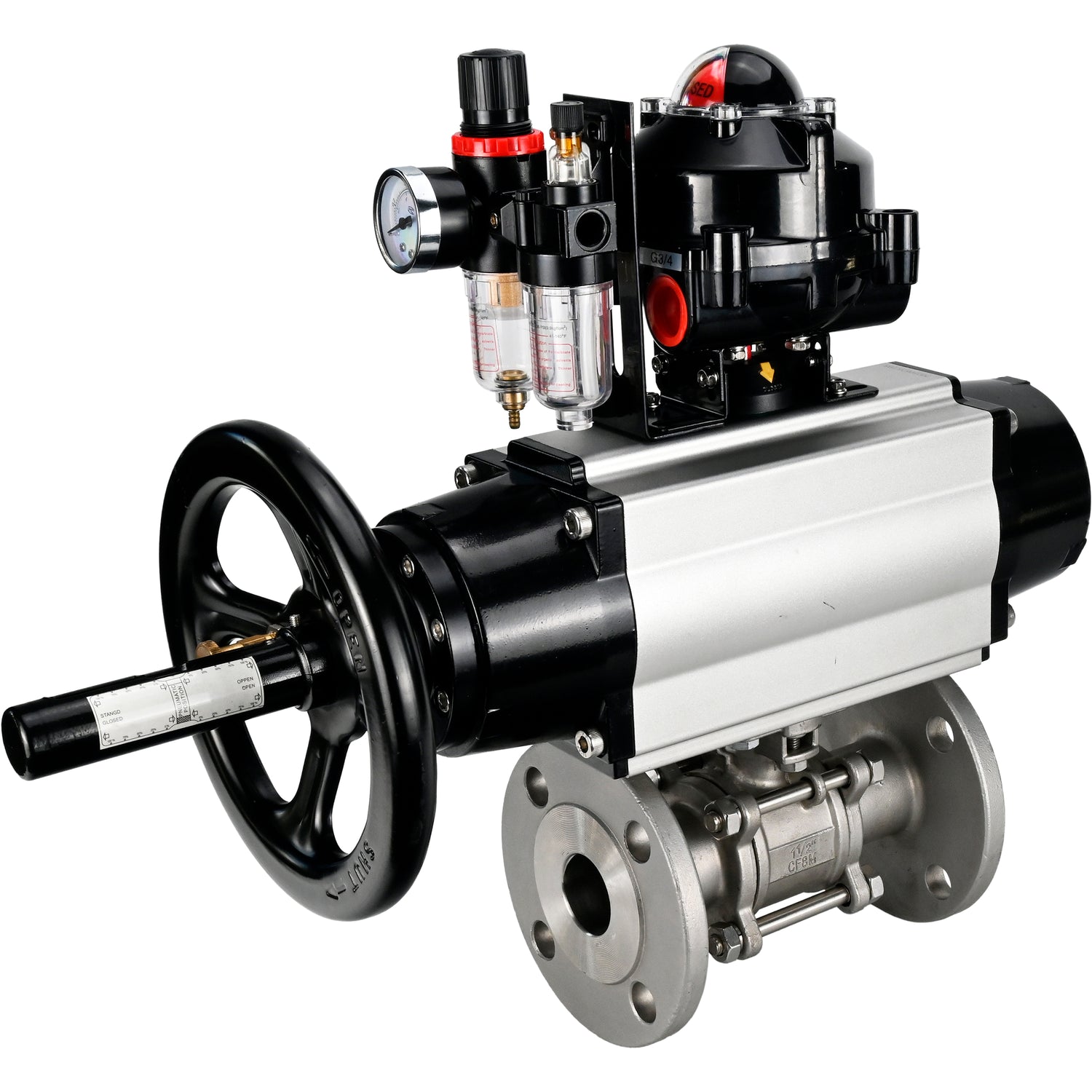 Ball valves Elephant BV3232P(3pc)-FP-F-ISO-H DN65-100 25/40 bar flanged with ISO flange, body - 316 stainless steel, full bore, seal - PTFE, with pneumatic drive PA-DA-105-1, pneumatic distributor 4M310-08 NAMUR 220V, LSU APL-510N Ex, ATU AFC2000