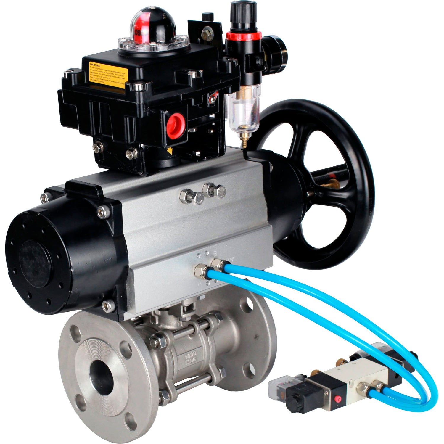 Ball valves Elephant BV3232P(3pc)-FP-F-ISO-H DN65-100 25/40 bar flanged with ISO flange, body - 316 stainless steel, full bore, seal - PTFE, with pneumatic drive PA-DA-105-1, pneumatic distributor 4V320-10 220V, LSU APL-410N Ex, ATU AFC2000