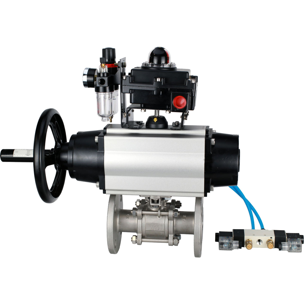 Ball valves Elephant BV3232P(3pc)-FP-F-ISO-H DN65-100 25/40 bar flanged with ISO flange, body - 316 stainless steel, full bore, seal - PTFE, with pneumatic drive PA-DA-105-1, pneumatic distributor 4V320-10 220V, LSU APL-410N Ex, ATU AFC2000