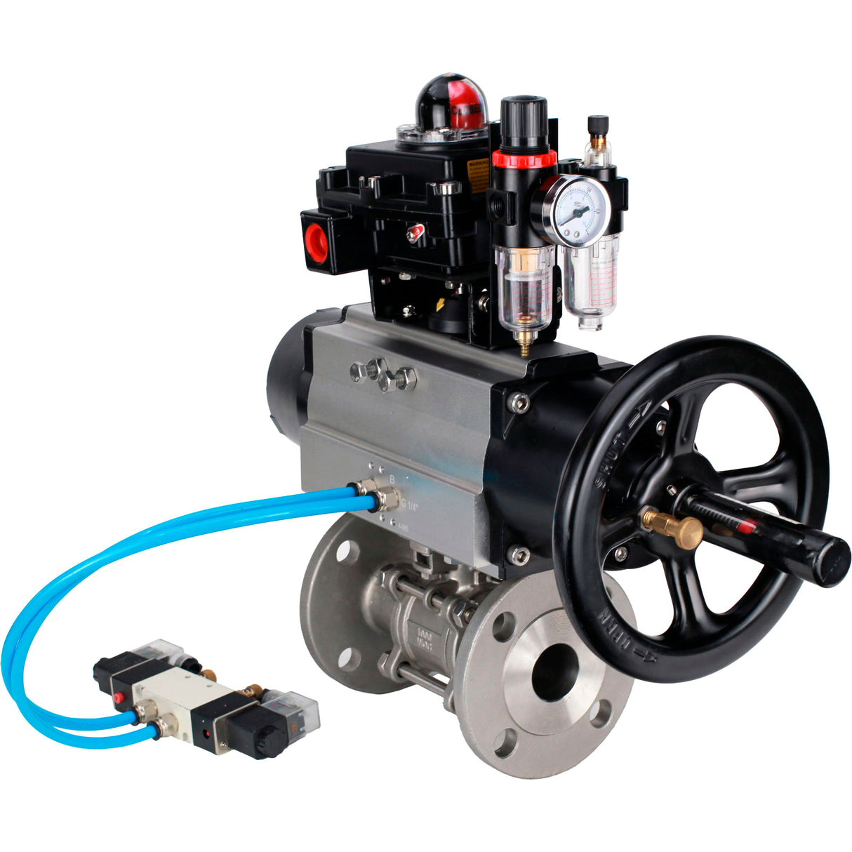 Ball valves Elephant BV3232P(3pc)-FP-F-ISO-H DN65-100 25/40 bar flanged with ISO flange, body - 316 stainless steel, full bore, seal - PTFE, with pneumatic drive PA-DA-105-1, pneumatic distributor 4V320-10 220V, LSU APL-410N Ex, ATU AFC2000