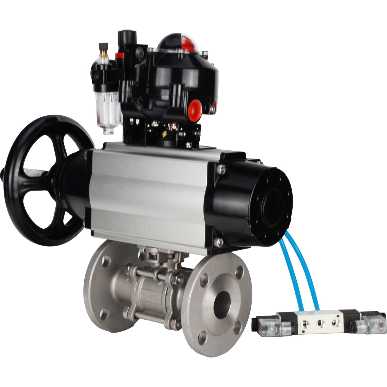 Ball valves Elephant BV3232P(3pc)-FP-F-ISO-H DN65-100 25/40 bar flanged with ISO flange, body - 316 stainless steel, full bore, seal - PTFE, with pneumatic drive PA-DA-105-1, pneumatic distributor 4V320-10 220V, LSU APL-510N Ex, ATU AFC2000