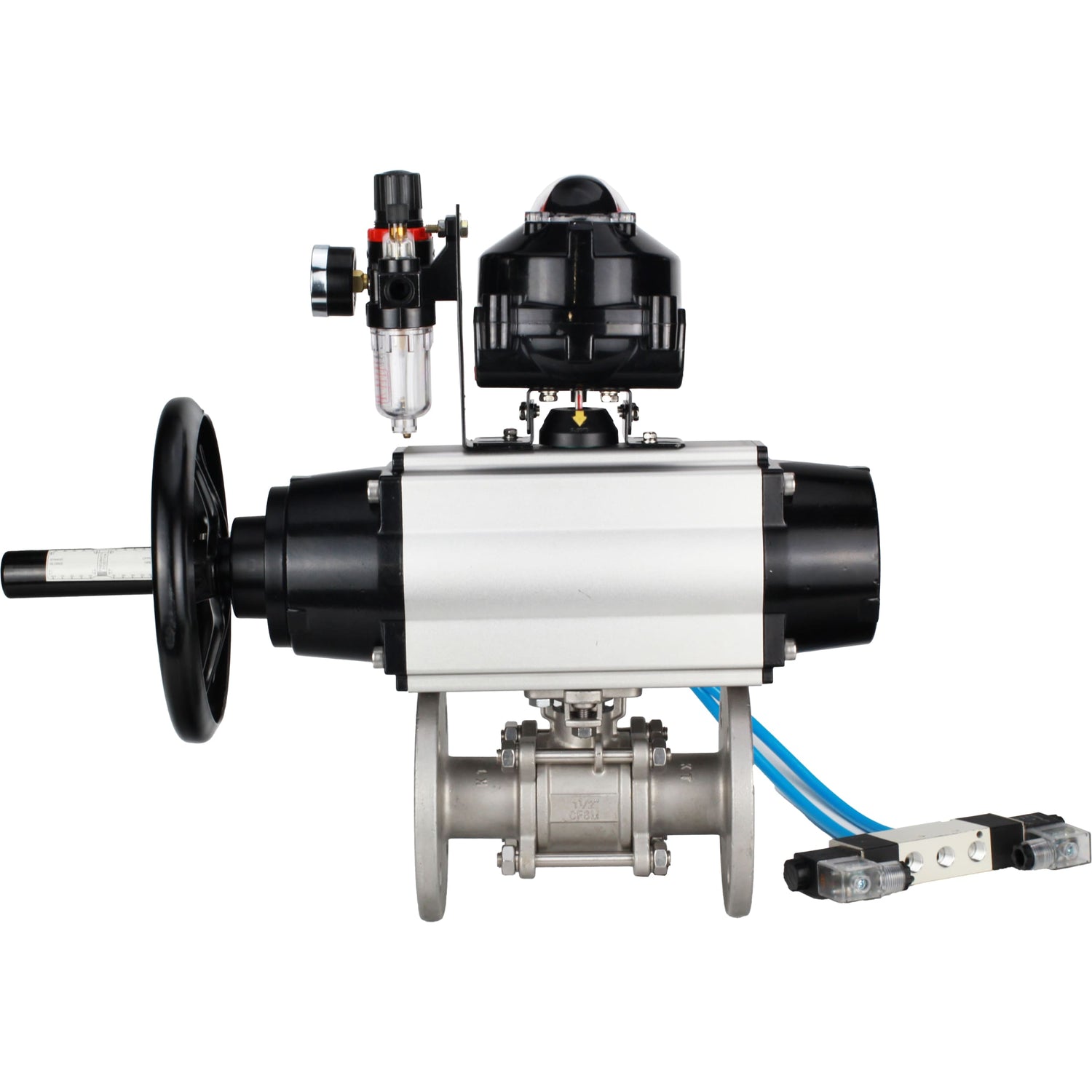 Ball valves Elephant BV3232P(3pc)-FP-F-ISO-H DN65-100 25/40 bar flanged with ISO flange, body - 316 stainless steel, full bore, seal - PTFE, with pneumatic drive PA-DA-105-1, pneumatic distributor 4V320-10 220V, LSU APL-510N Ex, ATU AFC2000