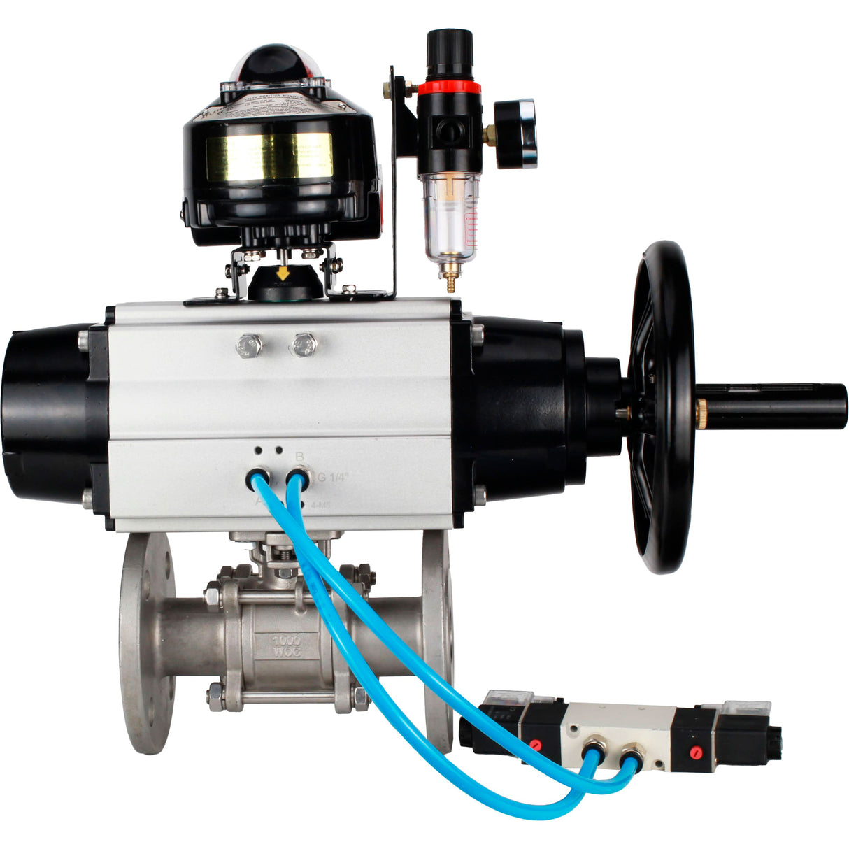 Ball valves Elephant BV3232P(3pc)-FP-F-ISO-H DN65-100 25/40 bar flanged with ISO flange, body - 316 stainless steel, full bore, seal - PTFE, with pneumatic drive PA-DA-105-1, pneumatic distributor 4V320-10 220V, LSU APL-510N Ex, ATU AFC2000