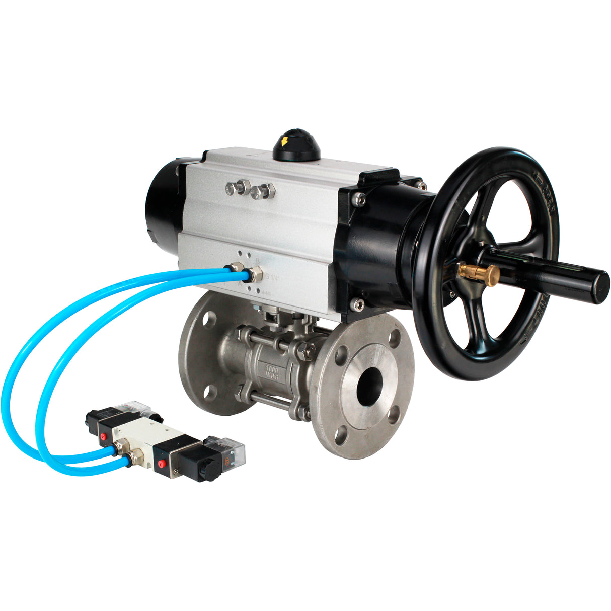 Ball valves Elephant BV3232P(3pc)-FP-F-ISO-H DN65-100 25/40 bar flanged with ISO flange, body - 316 stainless steel, full bore, seal - PTFE, with pneumatic drive PA-DA-105-1, pneumatic distributor 4V320-10 220V