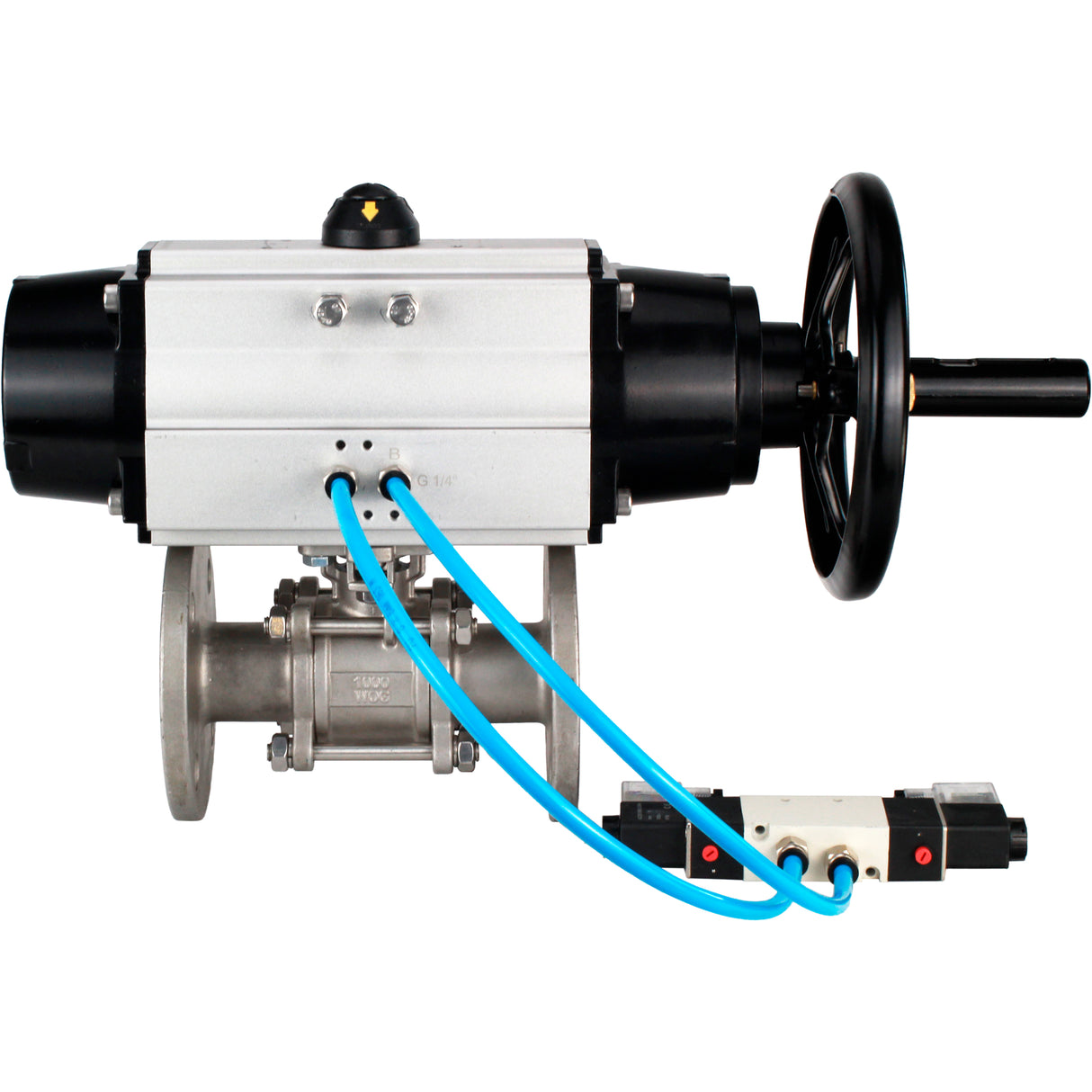 Ball valves Elephant BV3232P(3pc)-FP-F-ISO-H DN65-100 25/40 bar flanged with ISO flange, body - 316 stainless steel, full bore, seal - PTFE, with pneumatic drive PA-DA-105-1, pneumatic distributor 4V320-10 220V