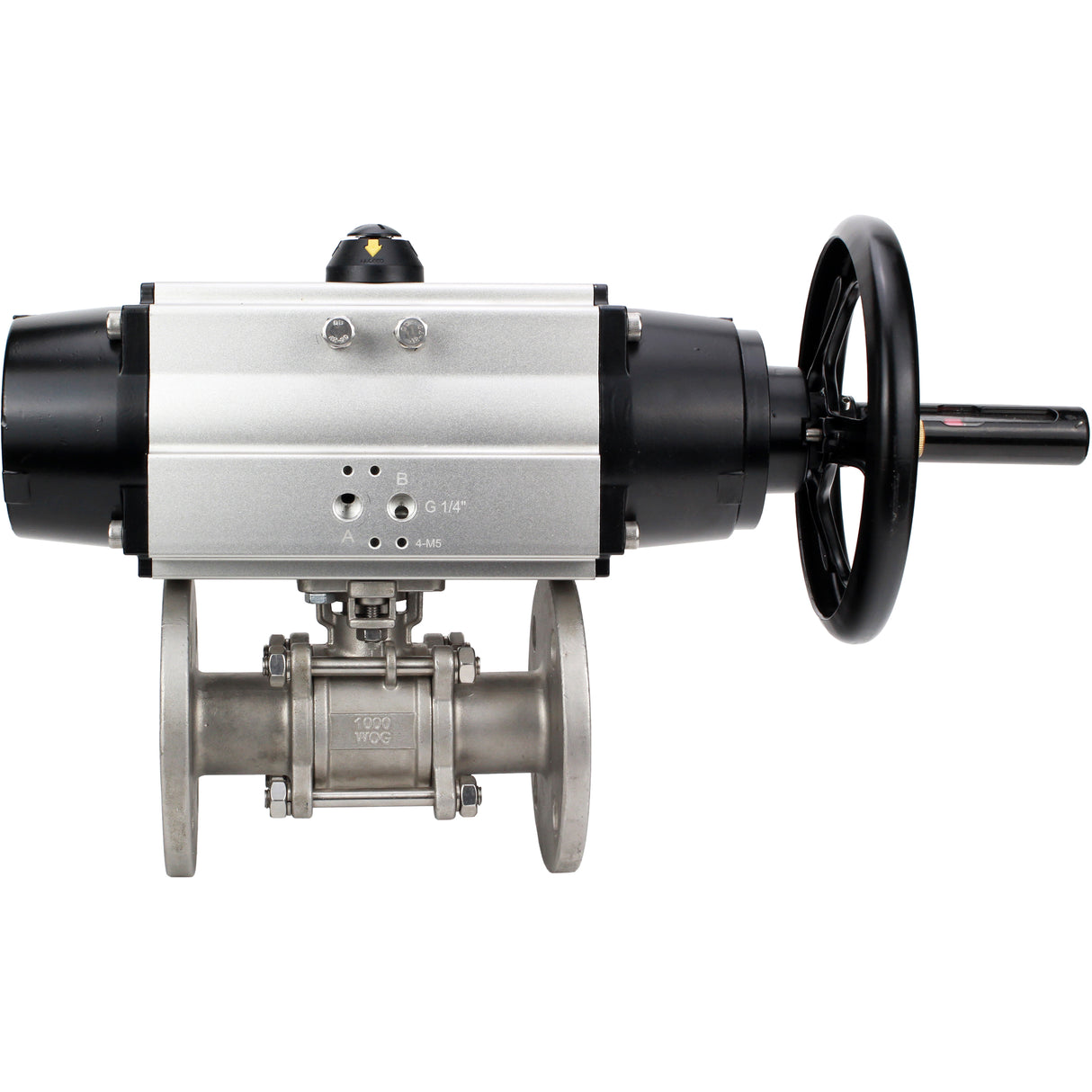 Ball valves Elephant BV3232P(3pc)-FP-F-ISO-H DN65-100 25/40 bar flanged with ISO flange, body - 316 stainless steel, full bore, seal - PTFE, with pneumatic drive PA-DA-105-1