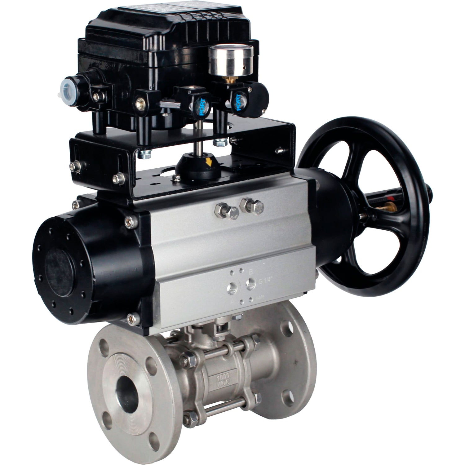 Ball valves Elephant BV3232P(3pc)-FP-F-ISO-H DN65-100 25/40 bar flanged with ISO flange, body - 316 stainless steel, full bore, seal - PTFE, with pneumatic drive PA-DA-105-1, YT-1000RSN electro-pneumatic positioner without feedback